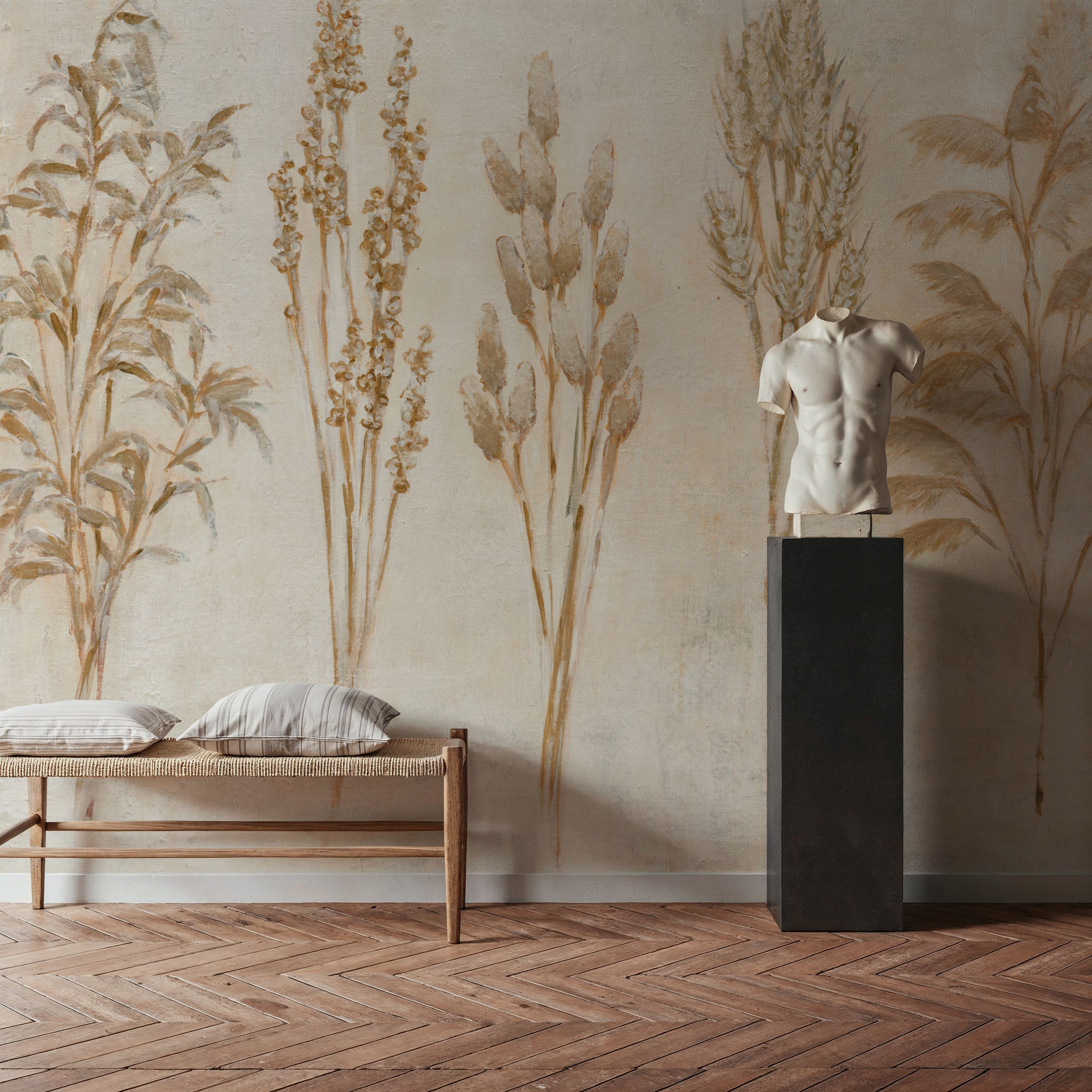 Wall Mural - Amber Grains - Chintz Folk mural wallpaper - Brown - Living room - Wallism US - Premium, Textured or Peel & Stick