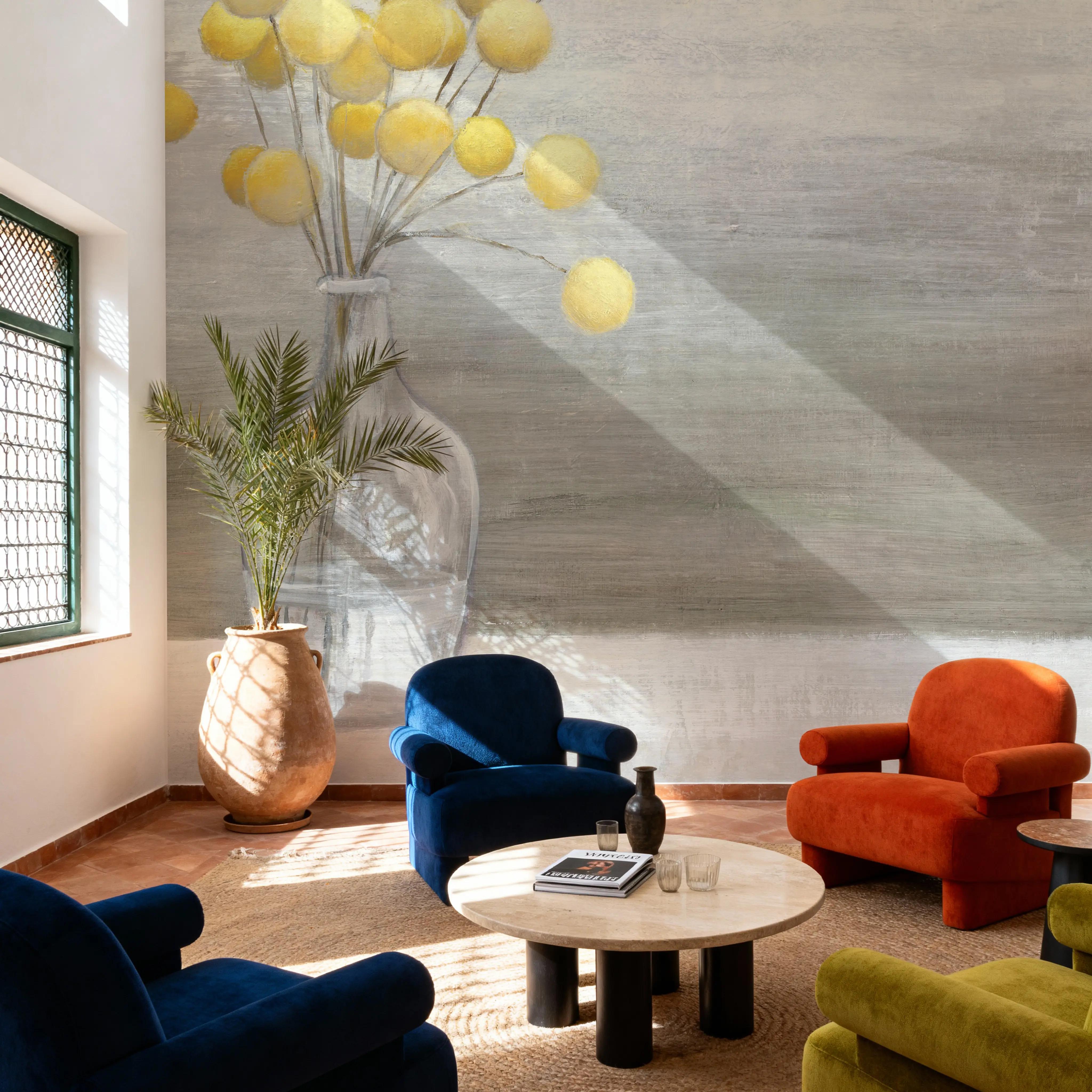 Wall Mural - Cheerful Craspedia - Contemporary Floral mural wallpaper - Yellow - Dining Room - Wallism UK - Peel & Stick or Paste-the-Wall