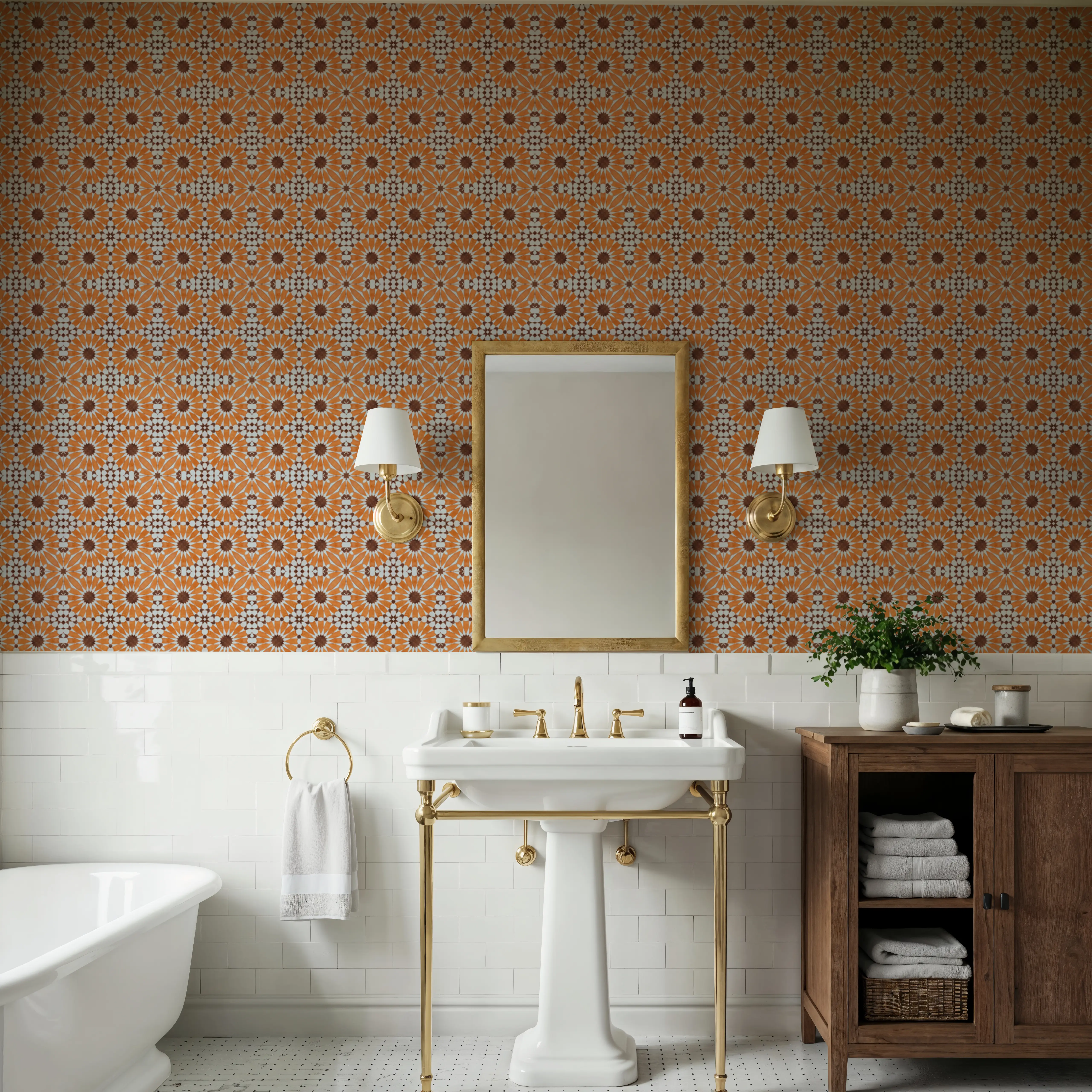 Wallpaper - Meskala - Lines Tiles - Orange - Dining Room - Wallism UK - Peel & Stick or Paste-the-Wall