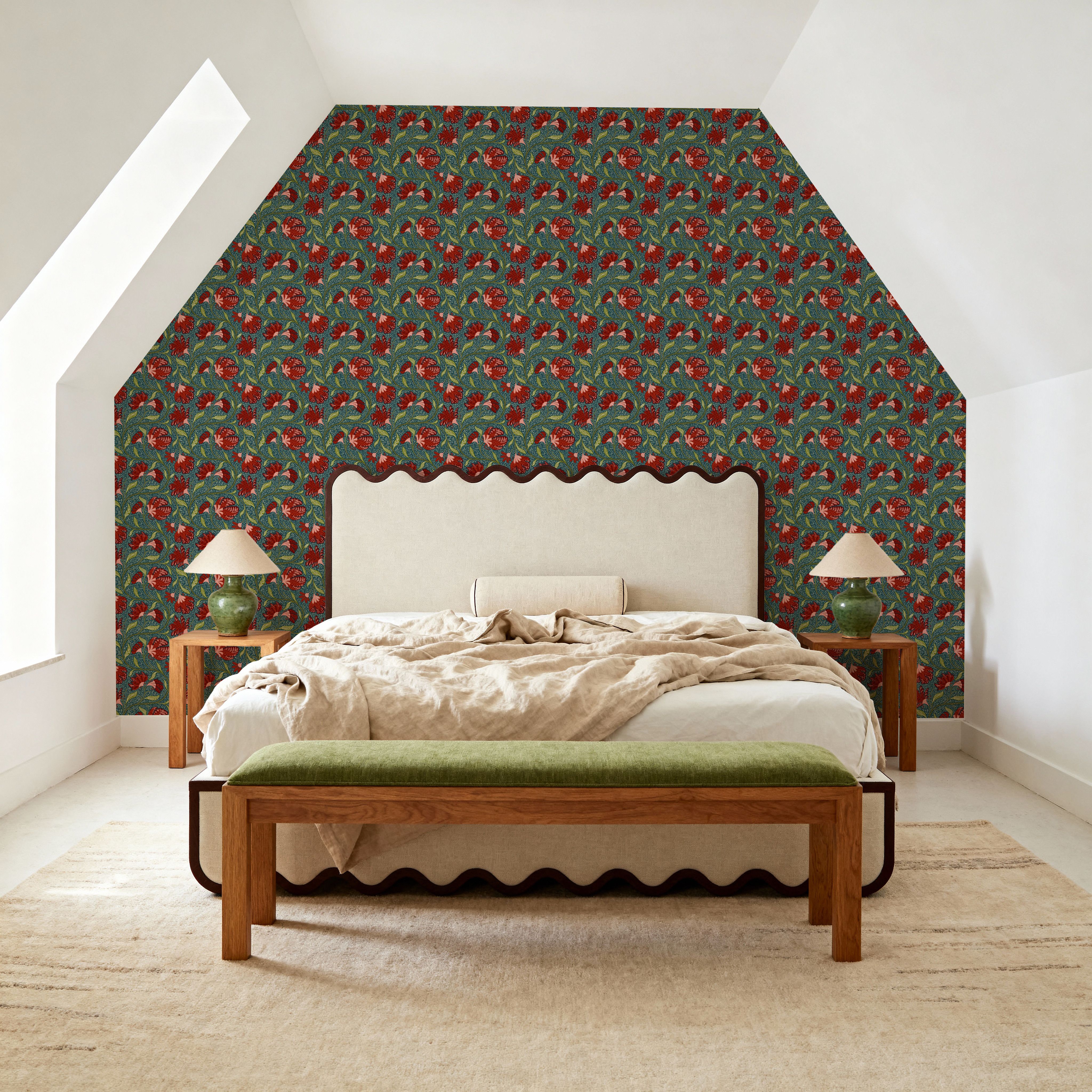 Indial Floral, Vermilion on Teal