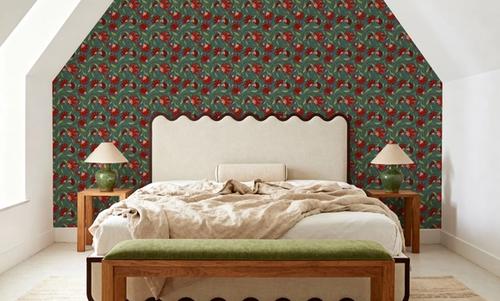 Indial Floral, Vermilion on Teal