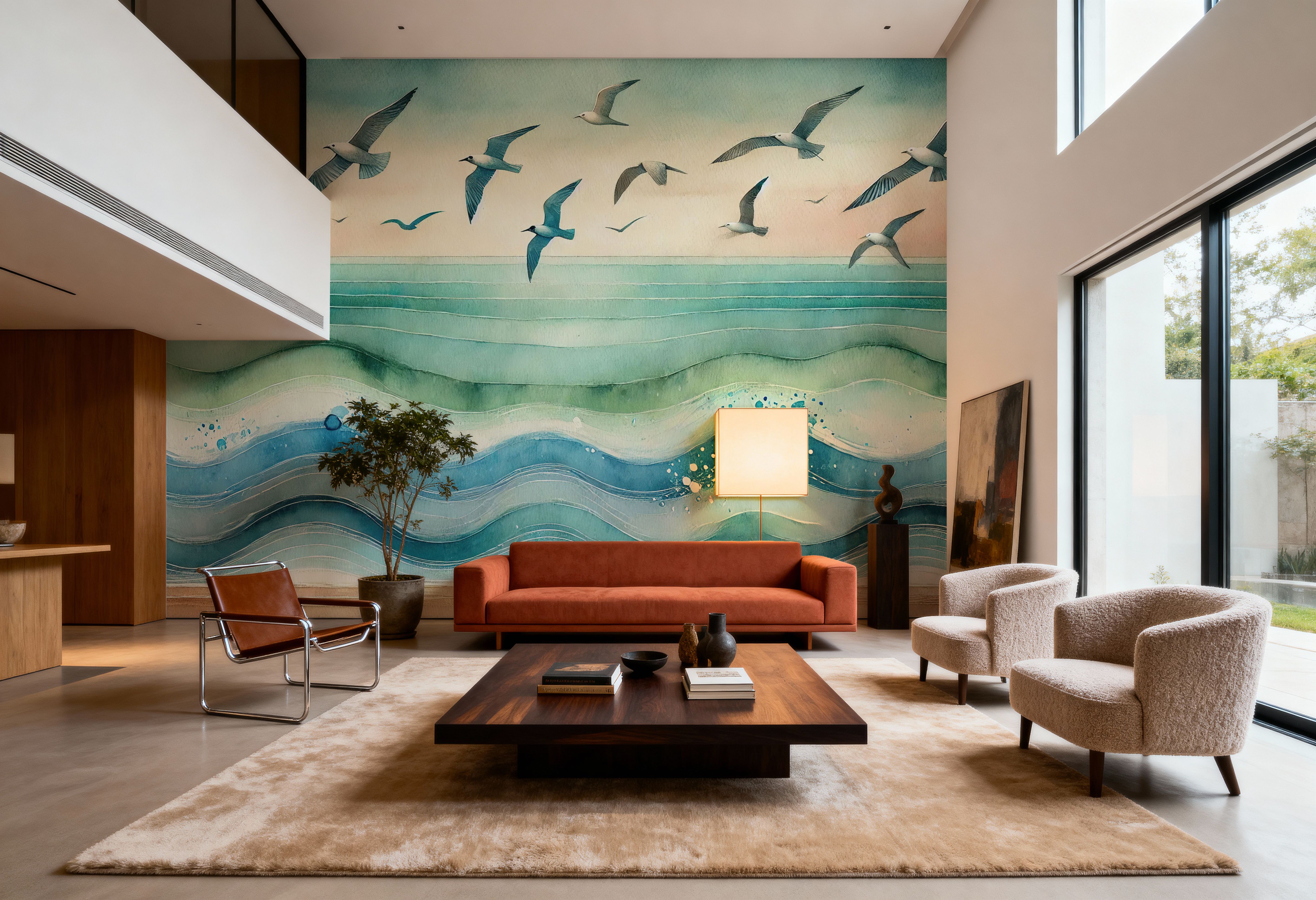 Seagulls Soar Above Waves in Art Deco, Wallpaper