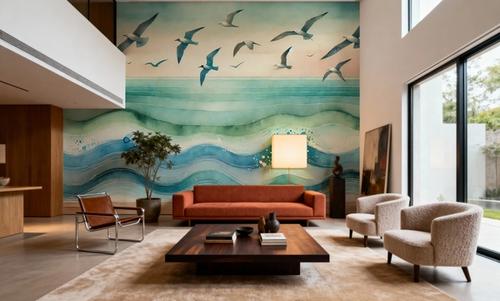 Seagulls Soar Above Waves in Art Deco