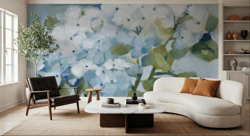 Spring Cottage Hydrangeas mural 100% PVC-fri och giftfri