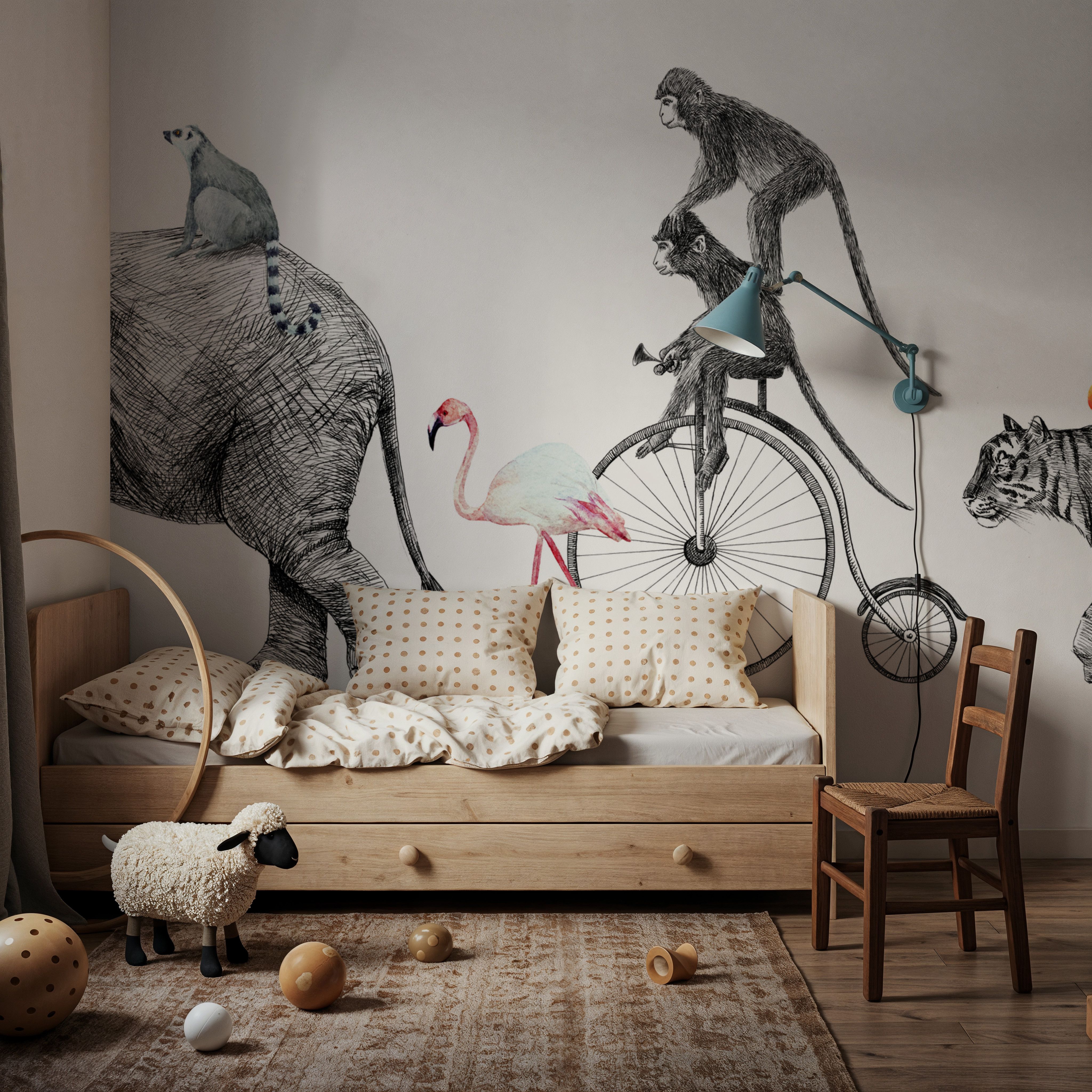 Fun Illustration of Elephant, Tiger & Monkeys on a Walk