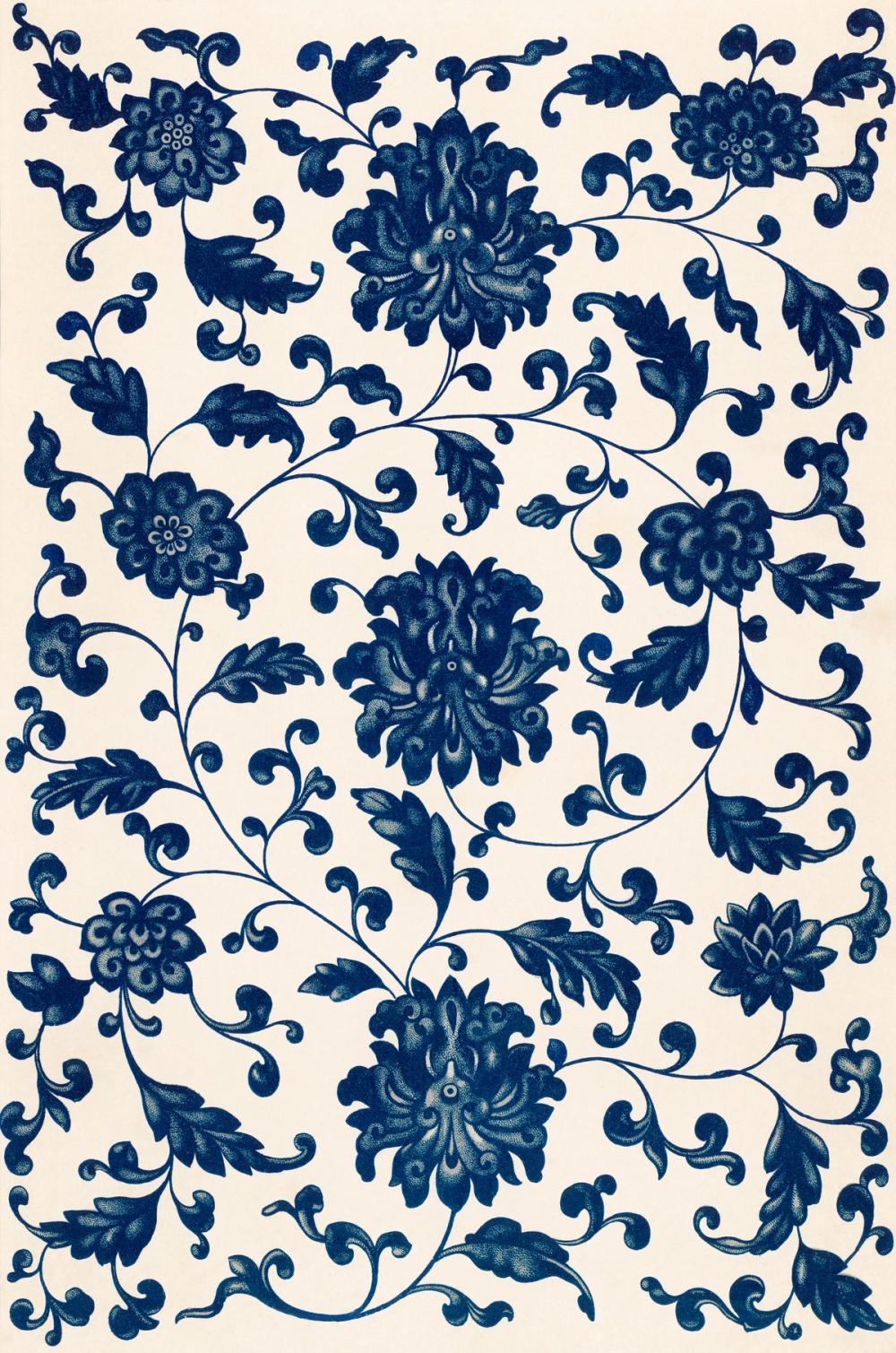 Chinese Ornament, Blue Flowers