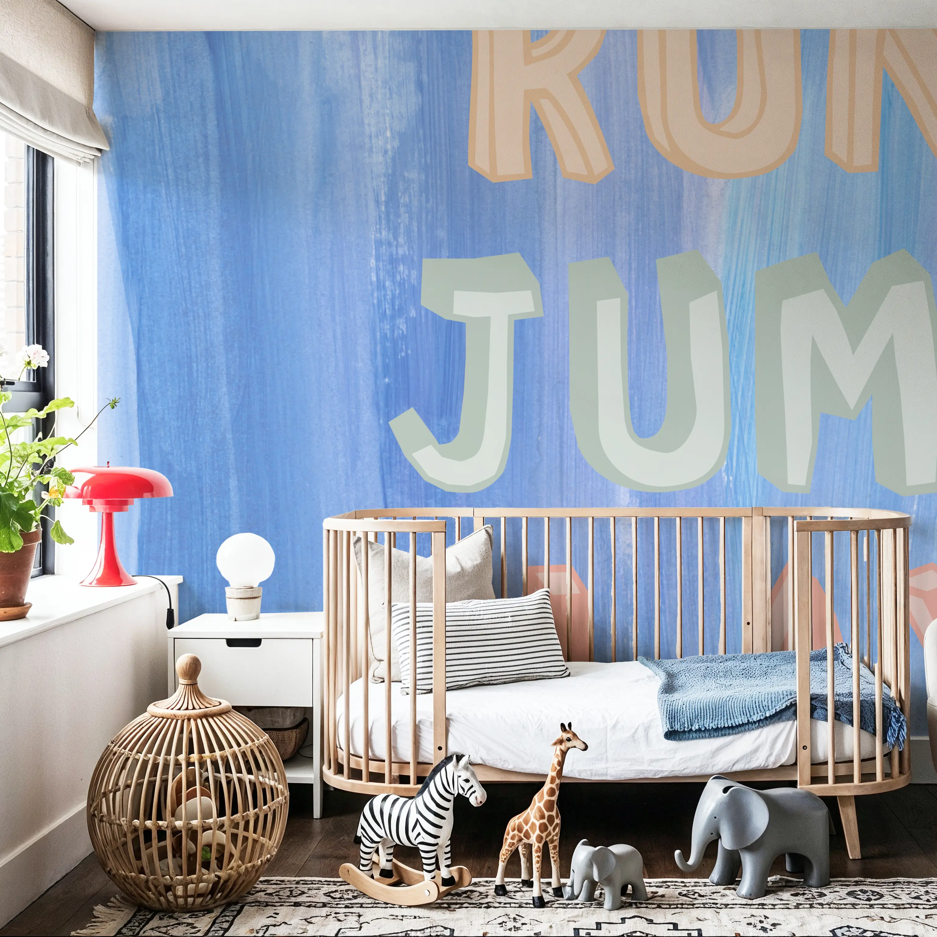 Wall Mural - Run Jump Play - Graphics mural wallpaper - Blue - Bedroom - Wallism UK - Peel & Stick or Paste-the-Wall
