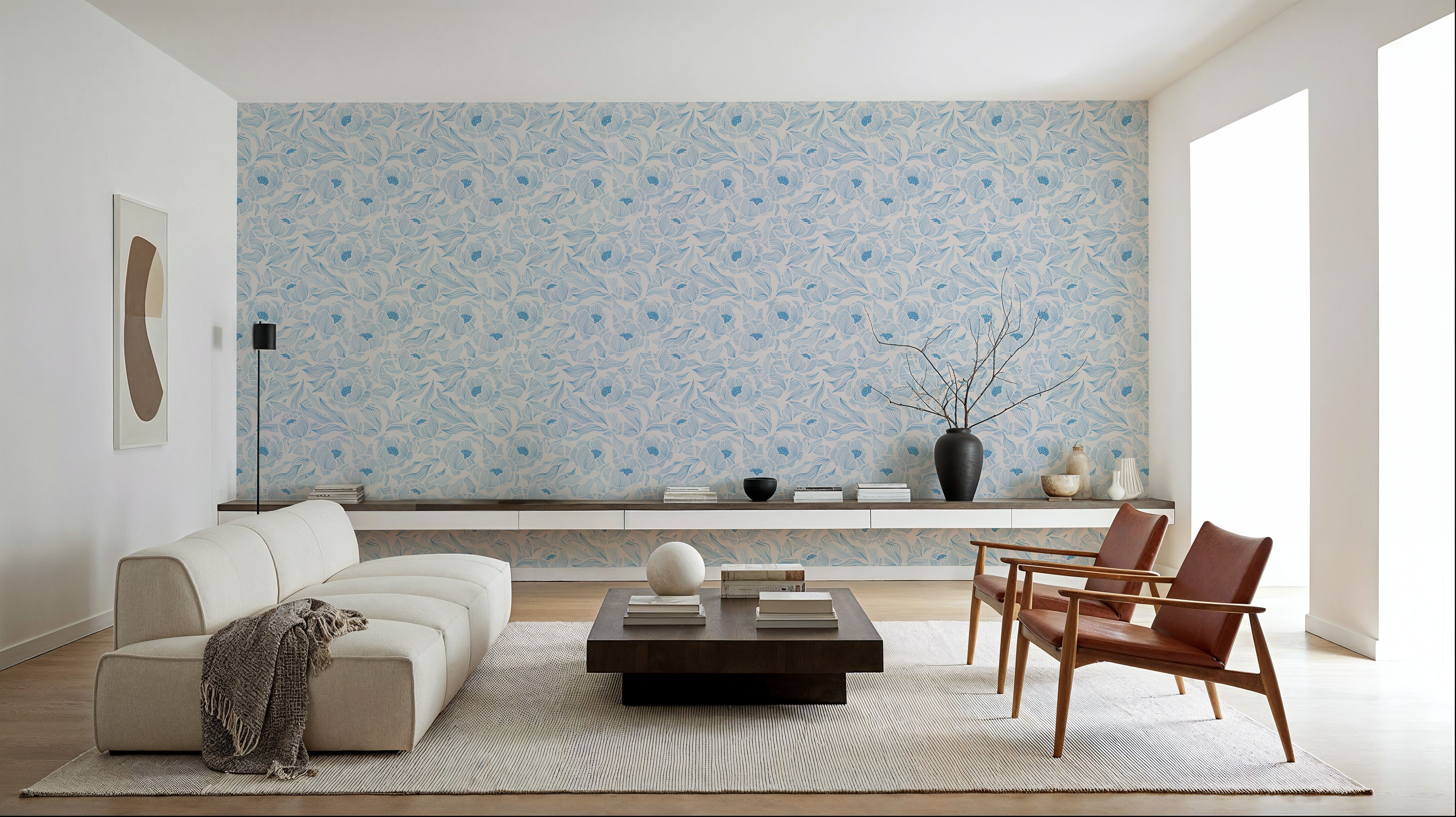 Hidden Peonies, Blue on Beige