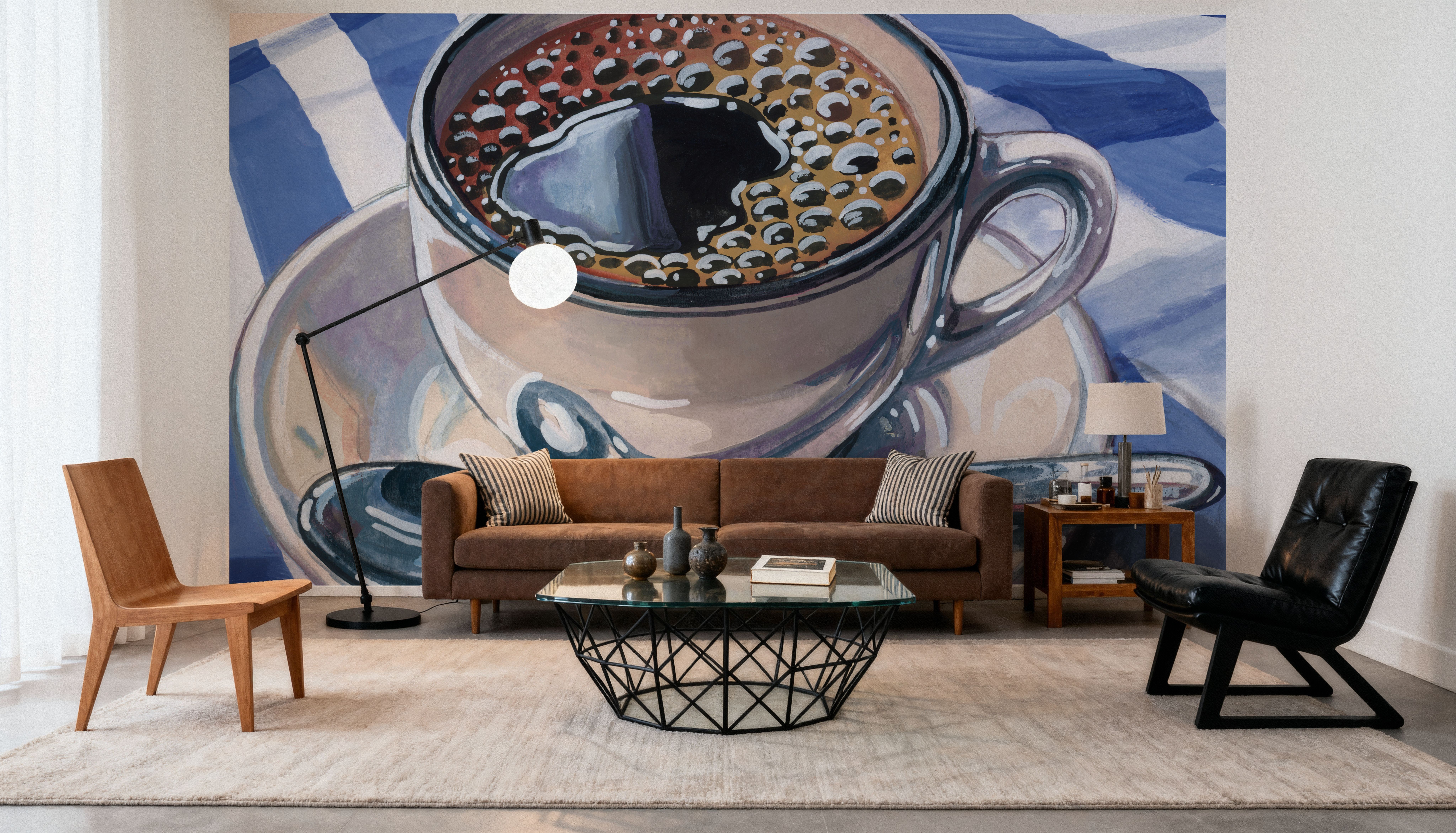 Black Coffee On Striped Cloth