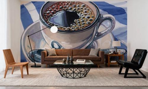 Black Coffee On Striped Cloth