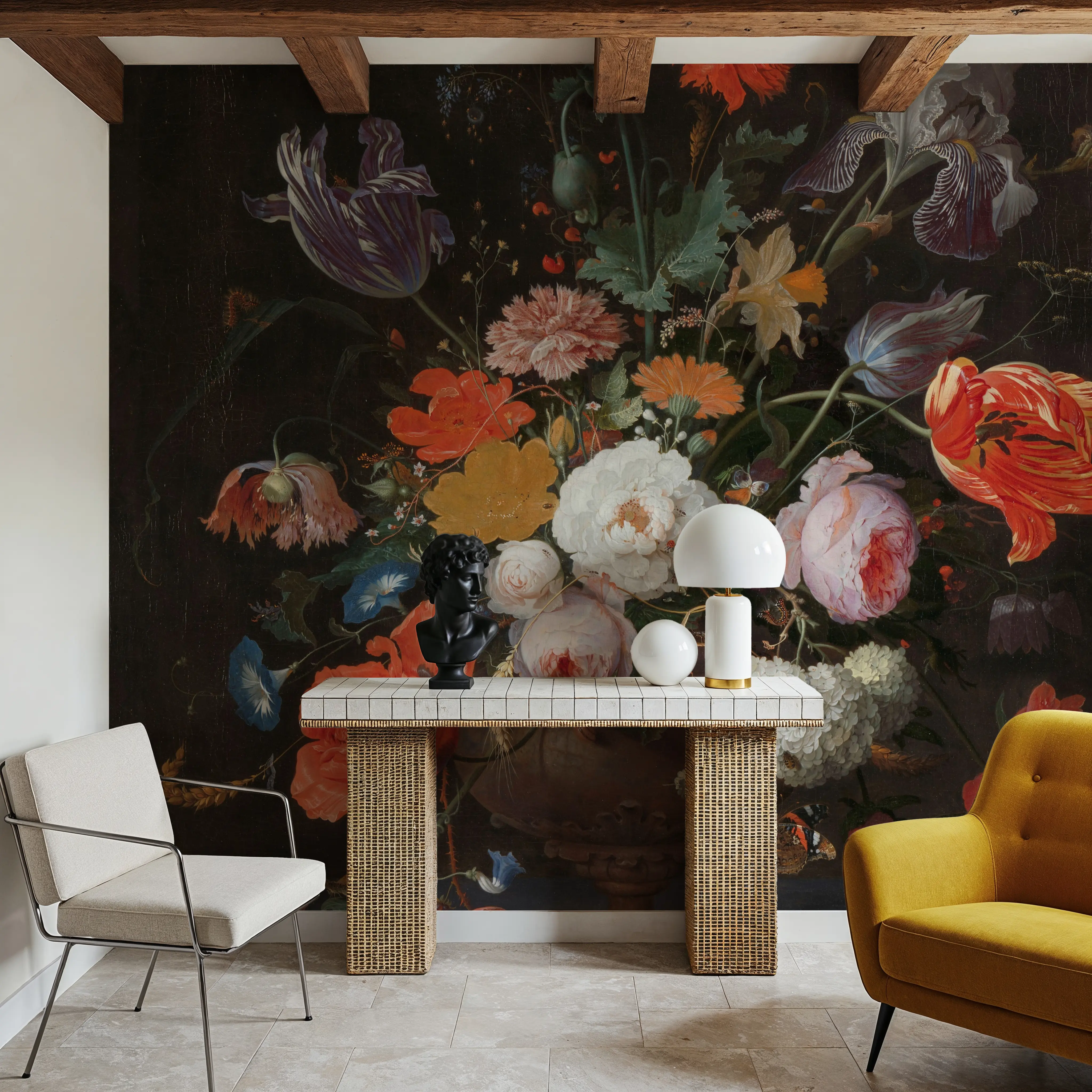 Wall Mural - Still Life with Flowers And a Watch - Floral Insects mural wallpaper - Red - Dining Room - Wallism UK - Peel & Stick or Paste-the-Wall