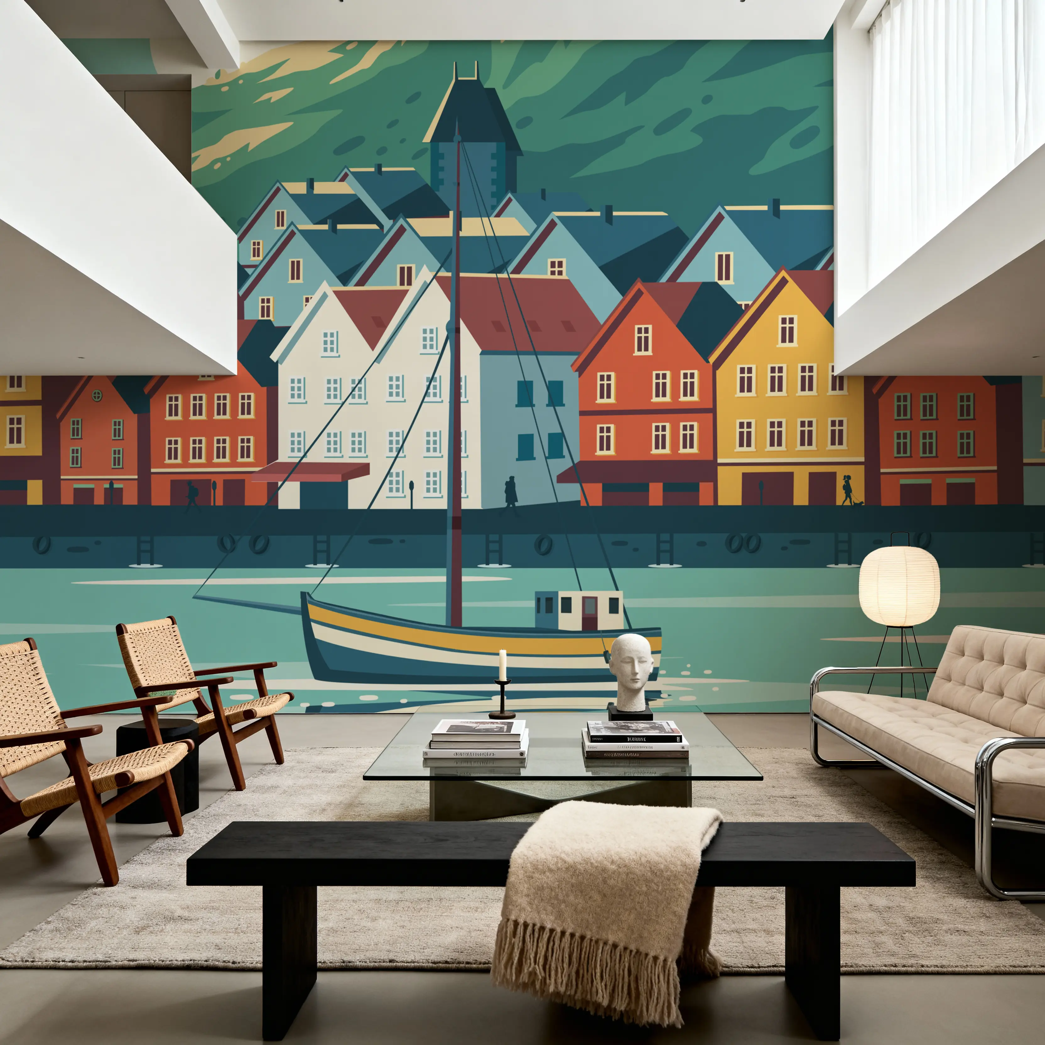 Fotobehang - Travel Bergen - Architectuur Voertuigen Mural - Blauw - Gangtrappen - Wallism Nederland - Zelfklevend of Vliesbehang