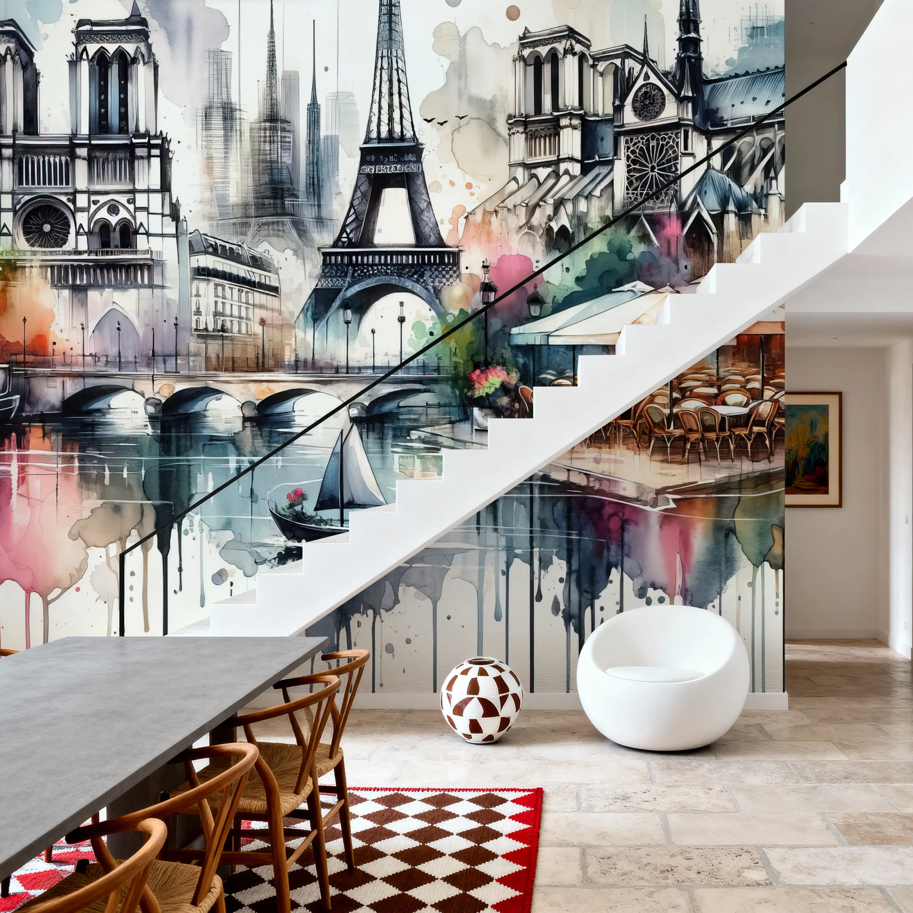 Fotobehang - Watercolor Paris - Architectuur Monumenten Mural - Slaapkamers - Wallism België - Zelfklevend of Vliesbehang
