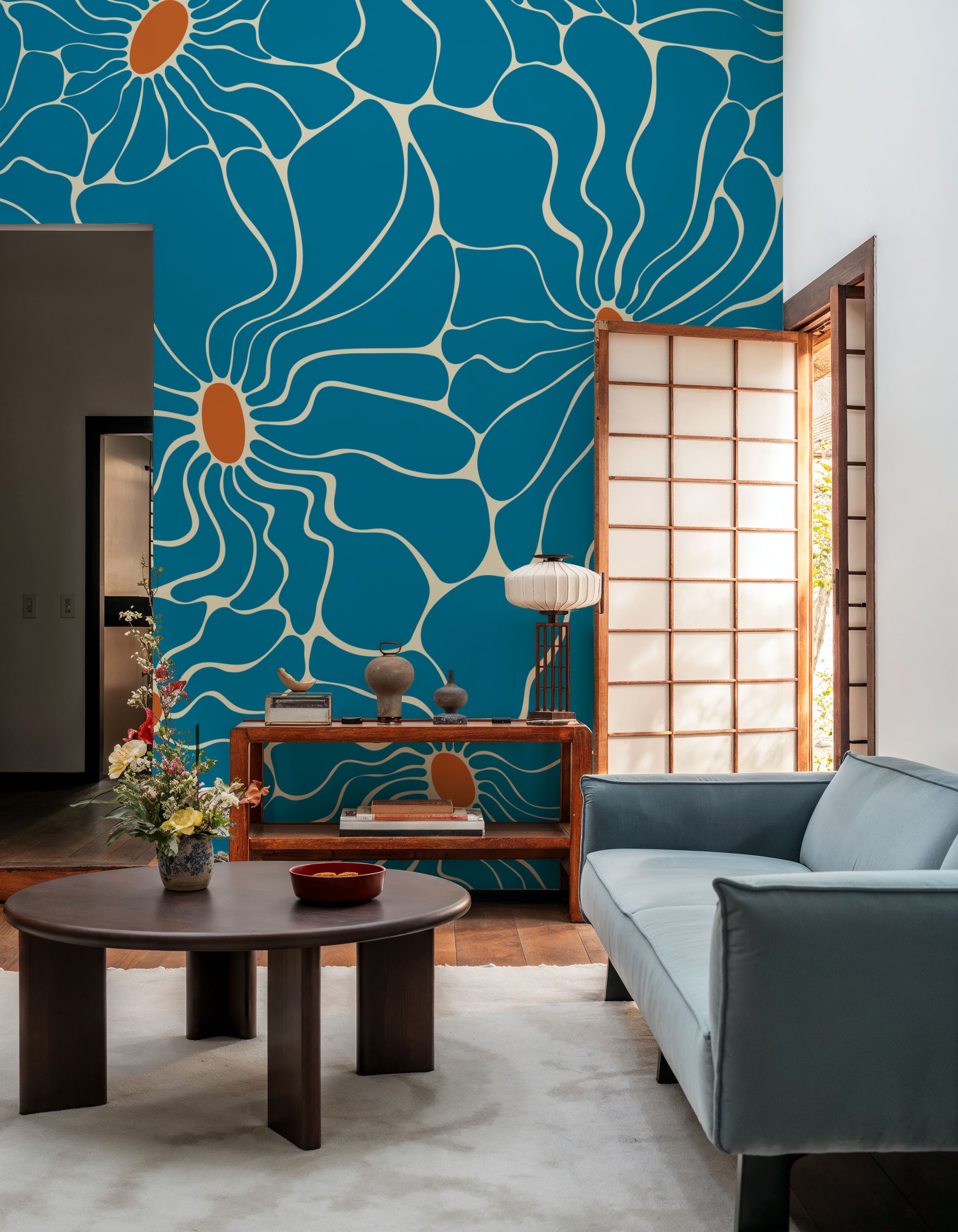 Cool Fluid Flowers Mural, Turqouise