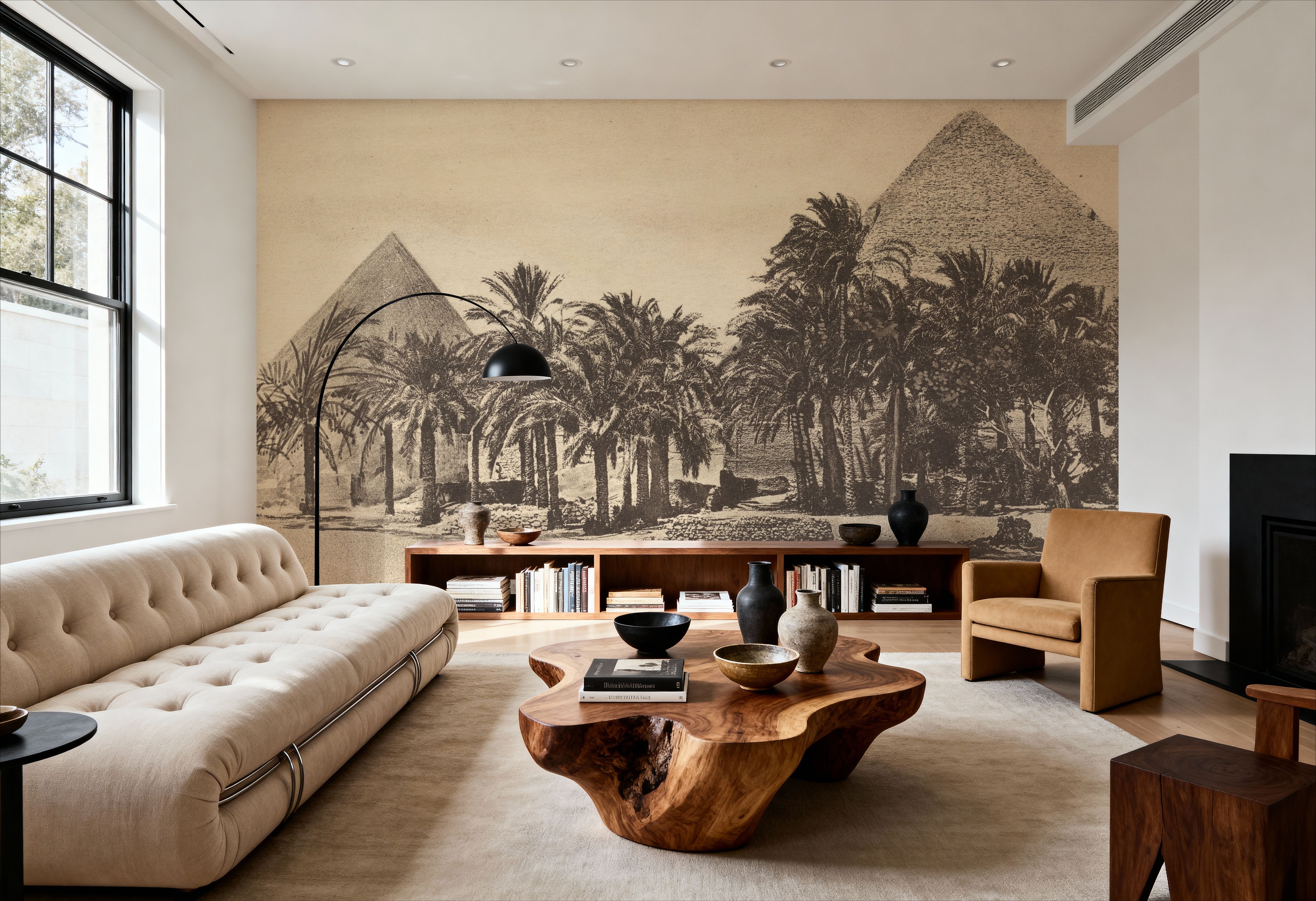 Wall Mural - Pyramid Palmtrees Postcard - Screenprint - Architecture Desert mural wallpaper - Bedroom - Wallism US - Premium, Textured or Peel & Stick