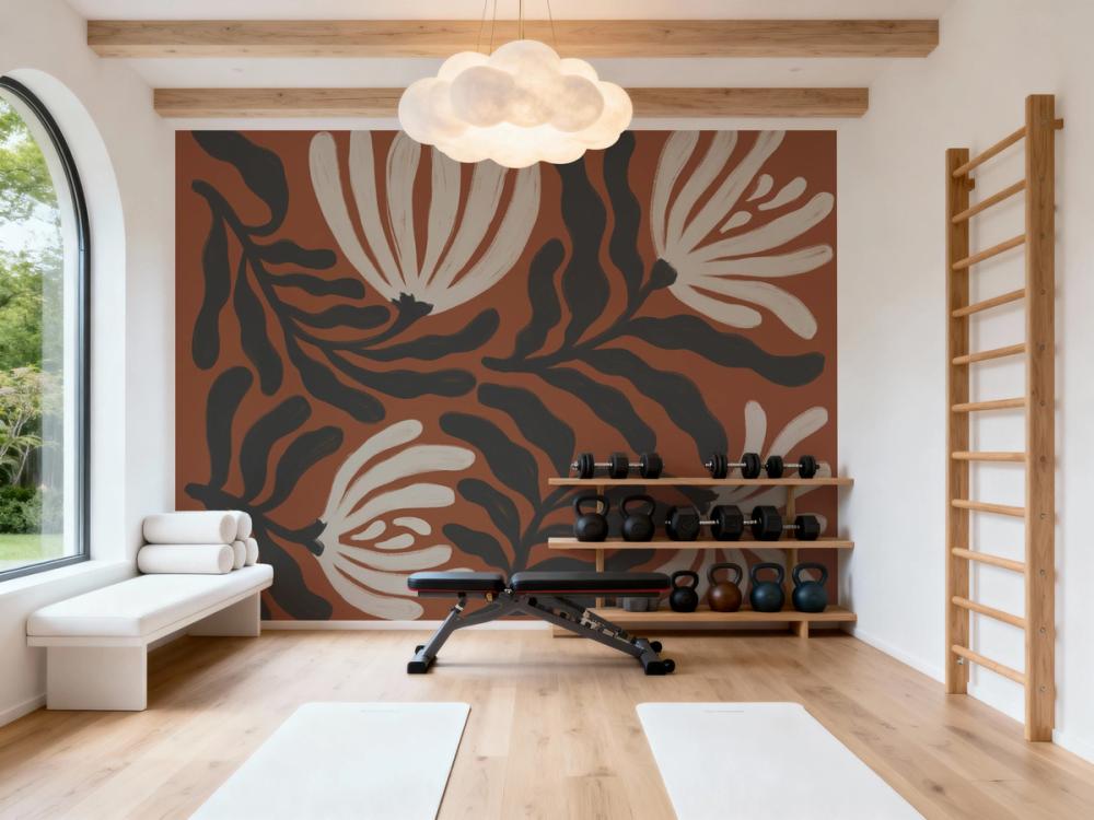 a photo of a home gym with a matisse inspired wall mural in earthy colors