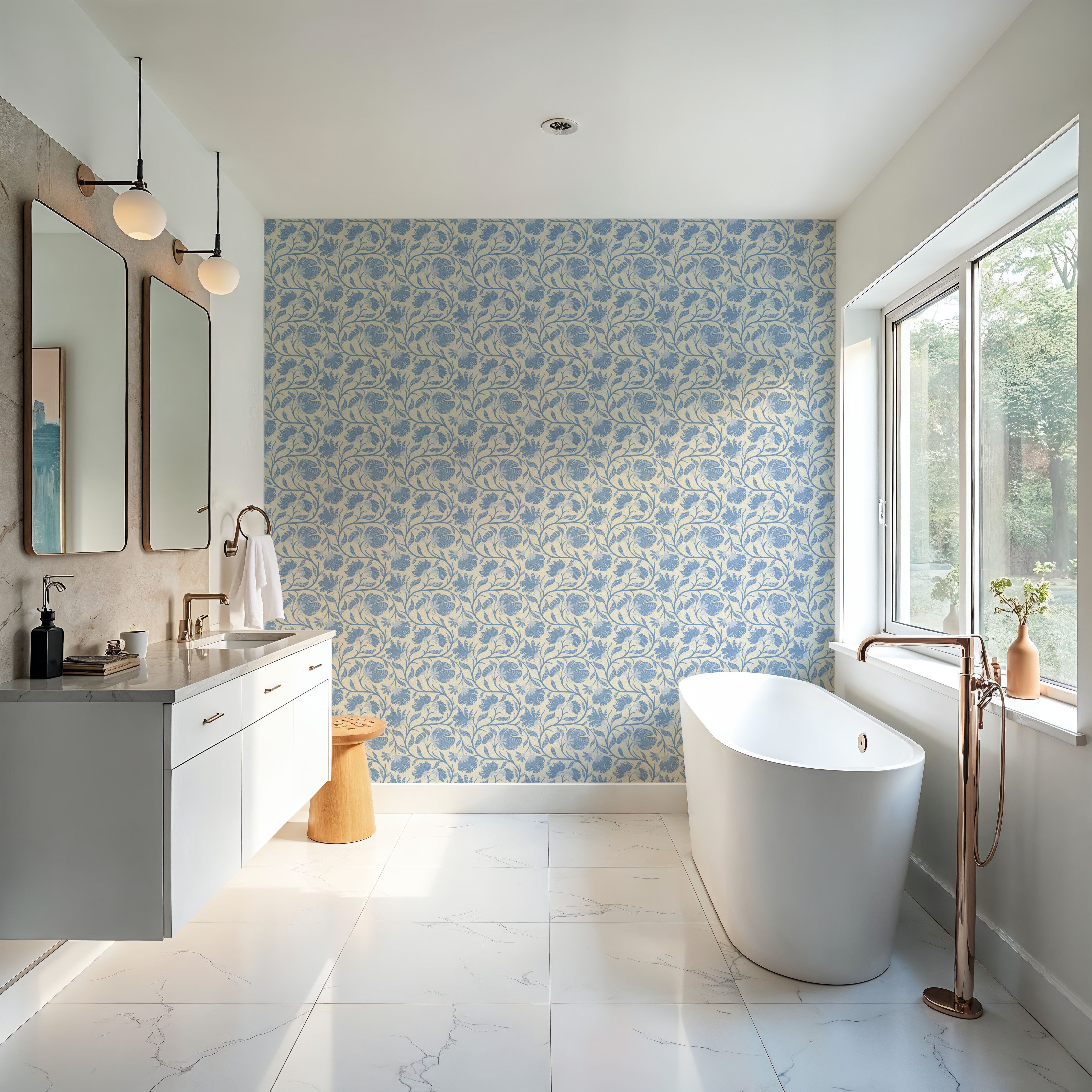 Indial Floral, Baby Blue on Cream