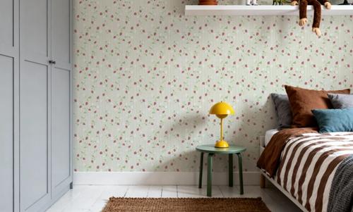Ditsy Strawberry, Pink on Light Green