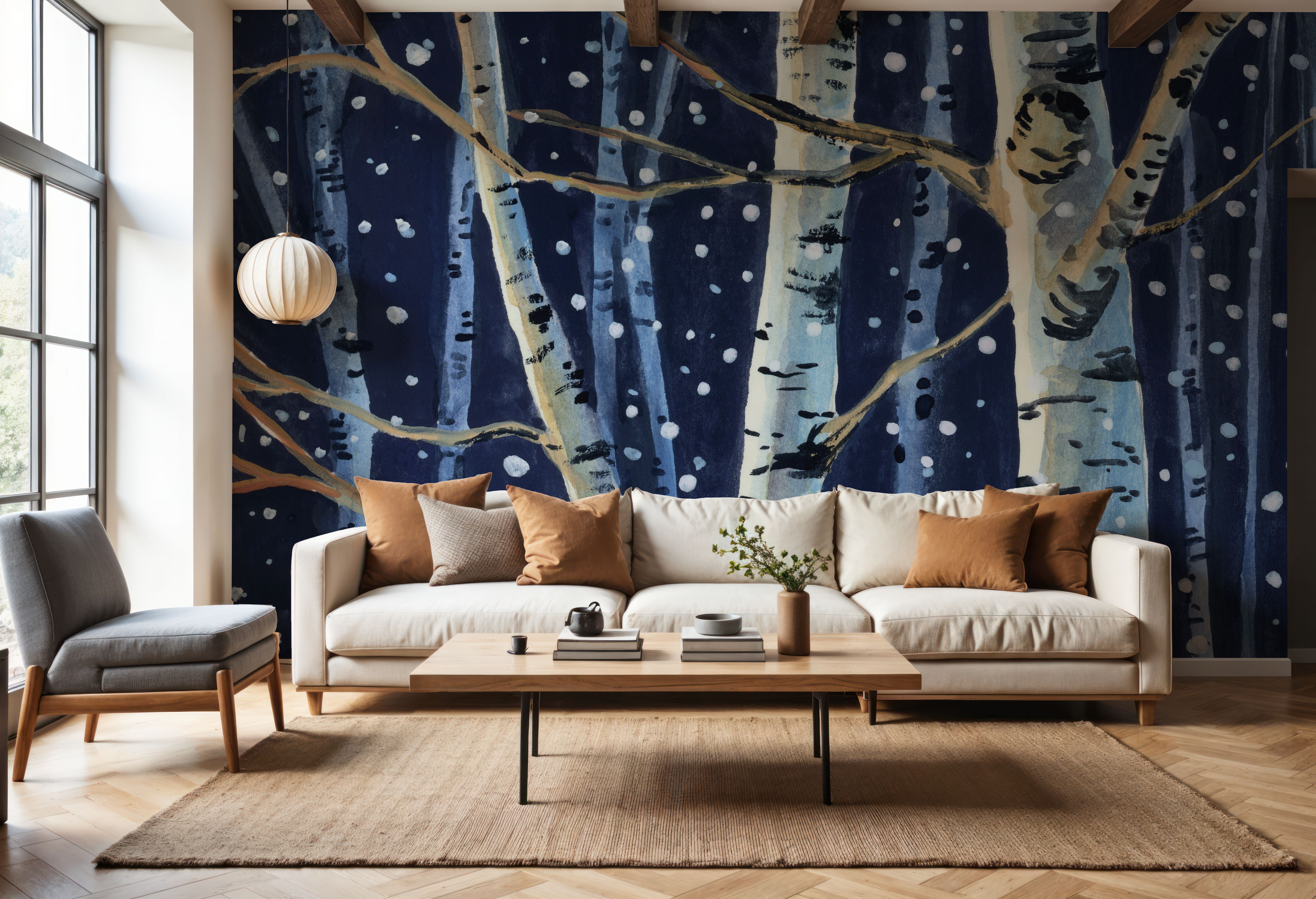 Snowy Birch Grove at Night