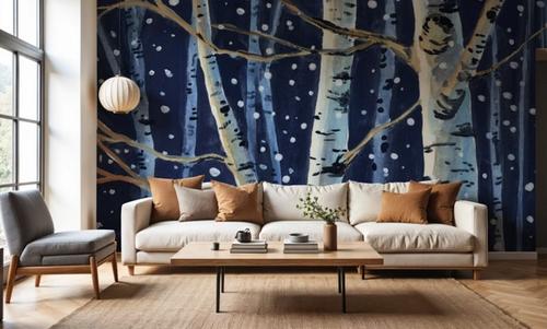 Snowy Birch Grove at Night