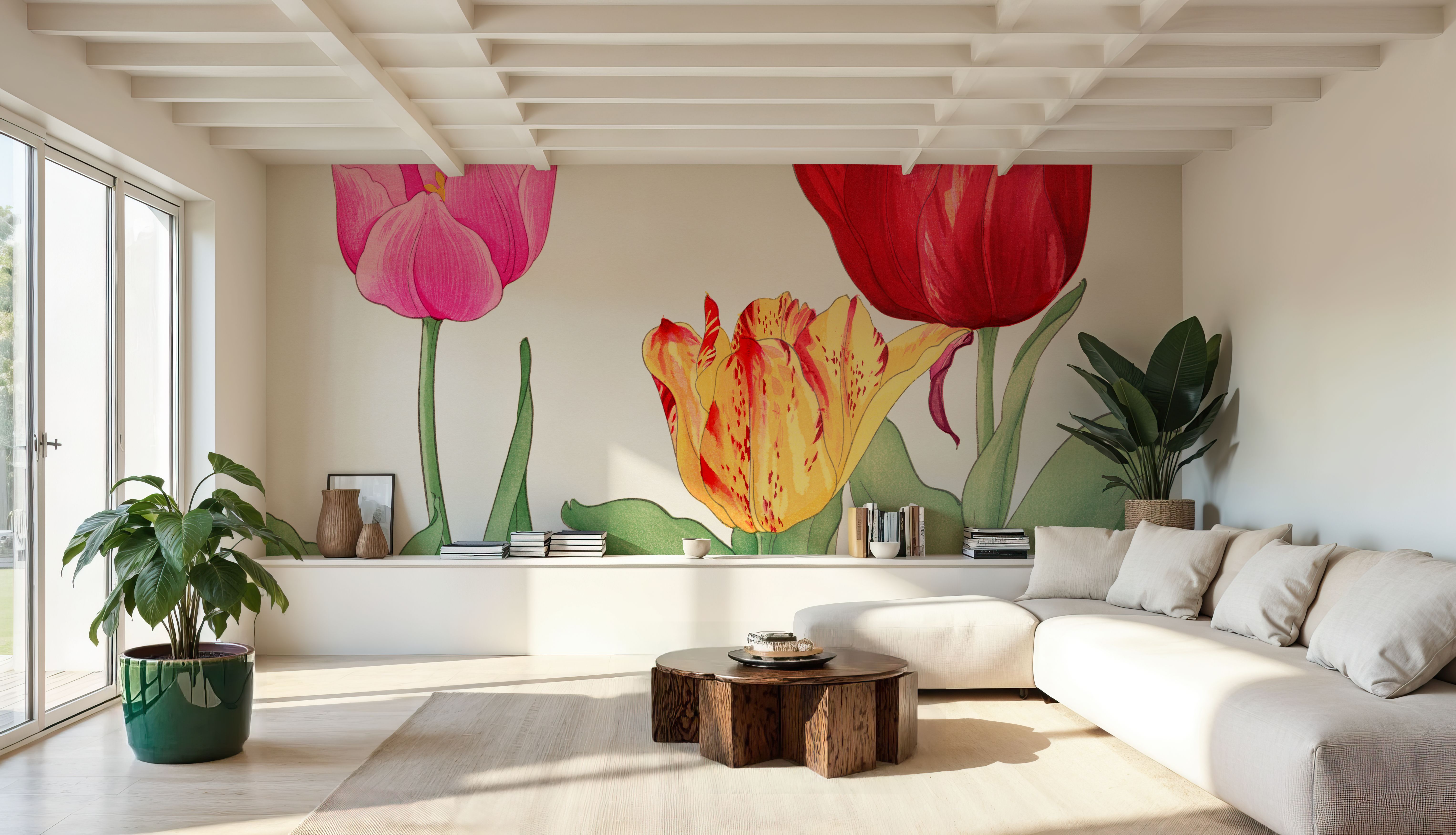 Wall Mural - Tanigami Tulips - Japandi mural wallpaper - Pink - Offices - Wallism US - Premium, Textured or Peel & Stick