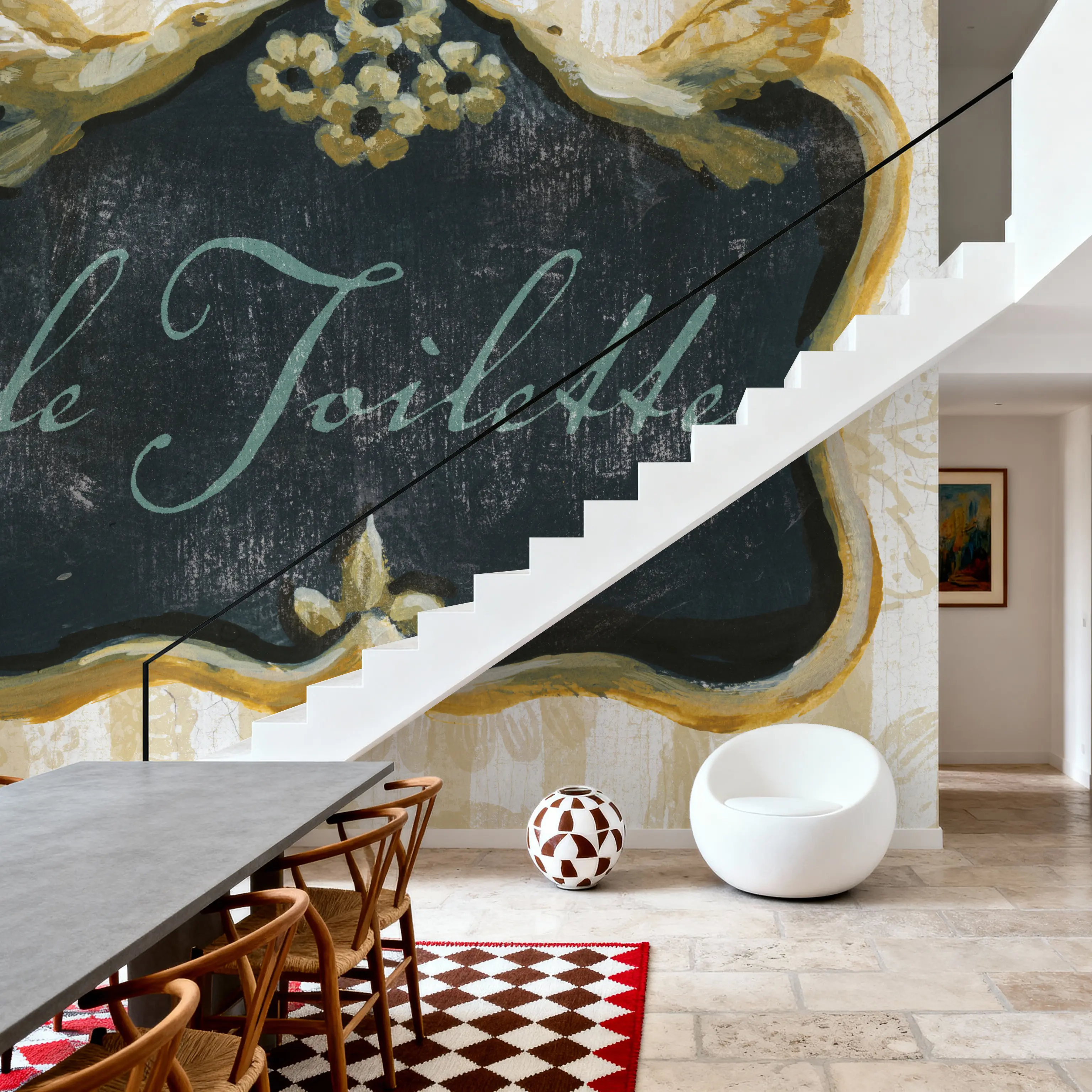 Wall Mural - Le Toilette - Folk Graphics mural wallpaper - Blue - Hallway staircases - Wallism UK - Peel & Stick or Paste-the-Wall