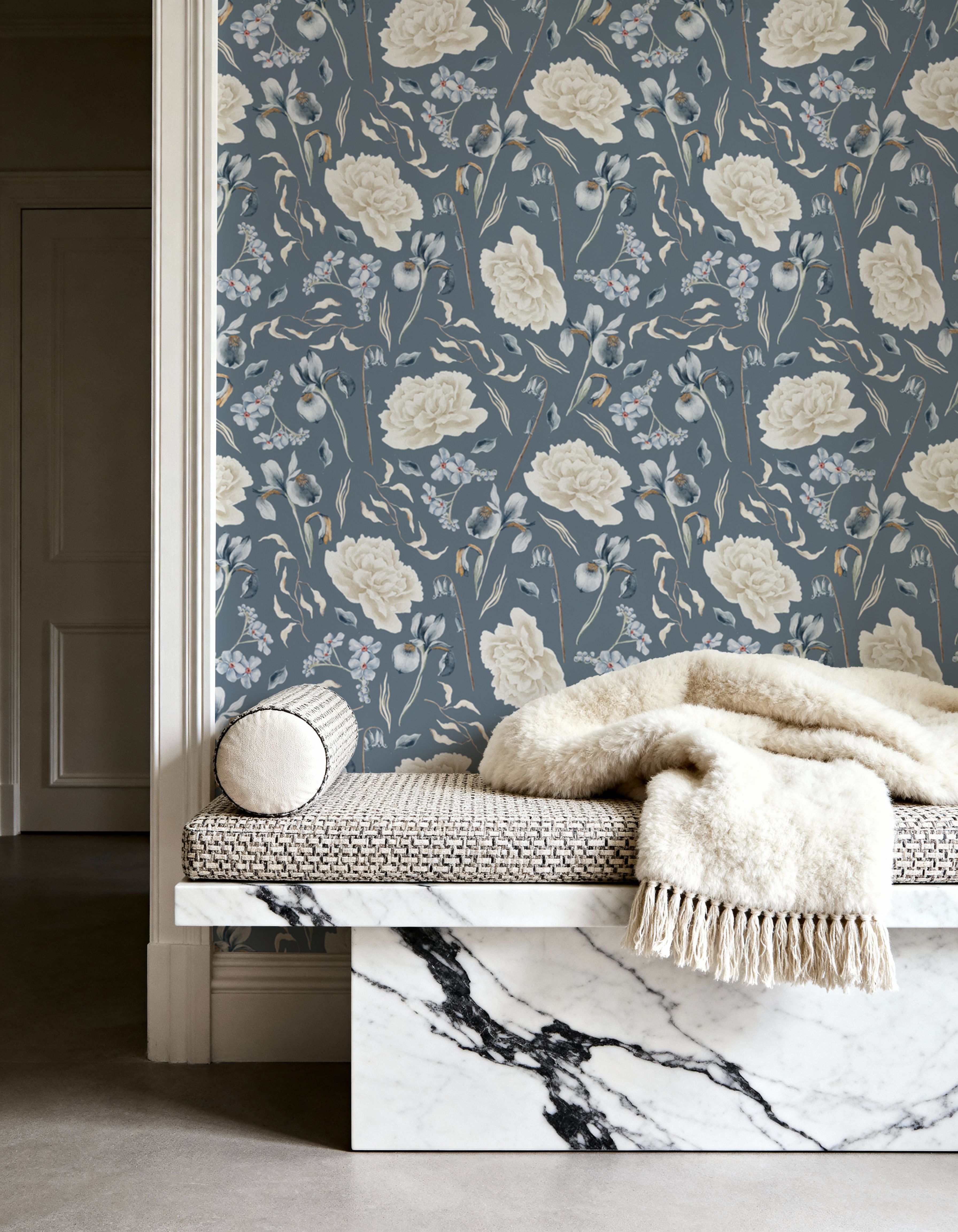 Blue Irises And White Roses