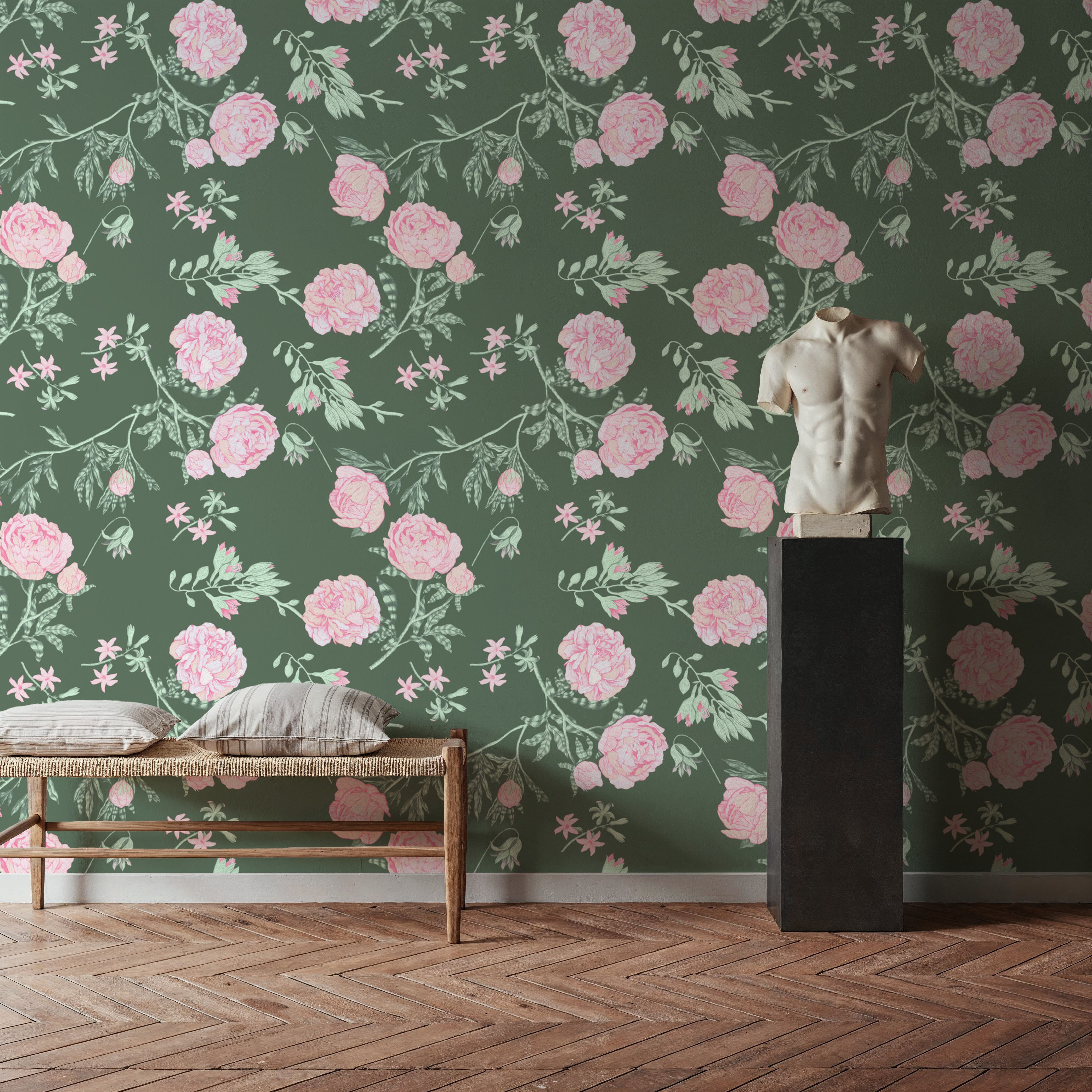 Peony Passion, Green, Wallpaper