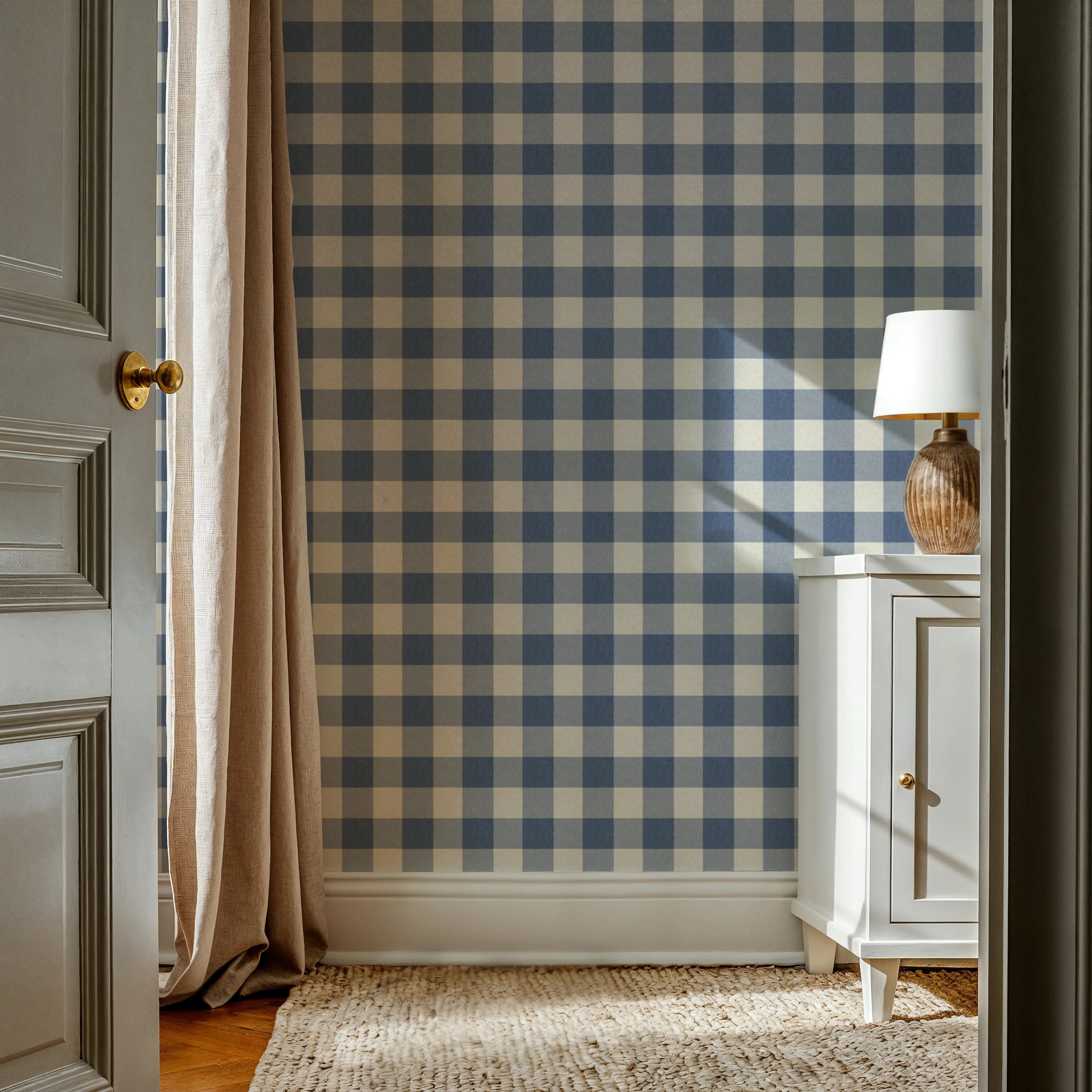 Papier Peint - Gripsholm Small - Carrés Textiles - Bleu - Salle à manger - Wallism Belgique - Encollage au mur ou Autocollant