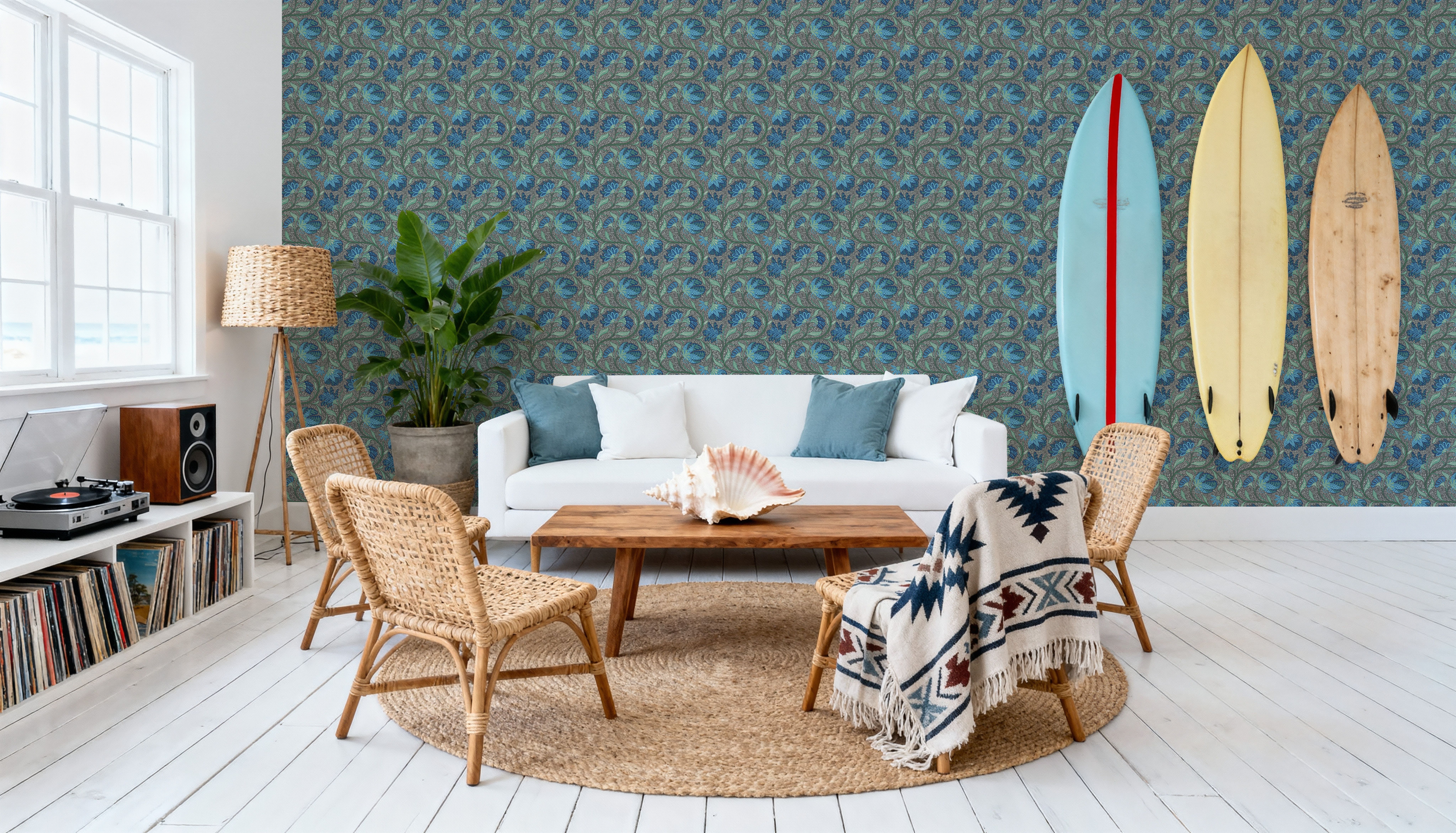 Indial Floral, Teal on Slate