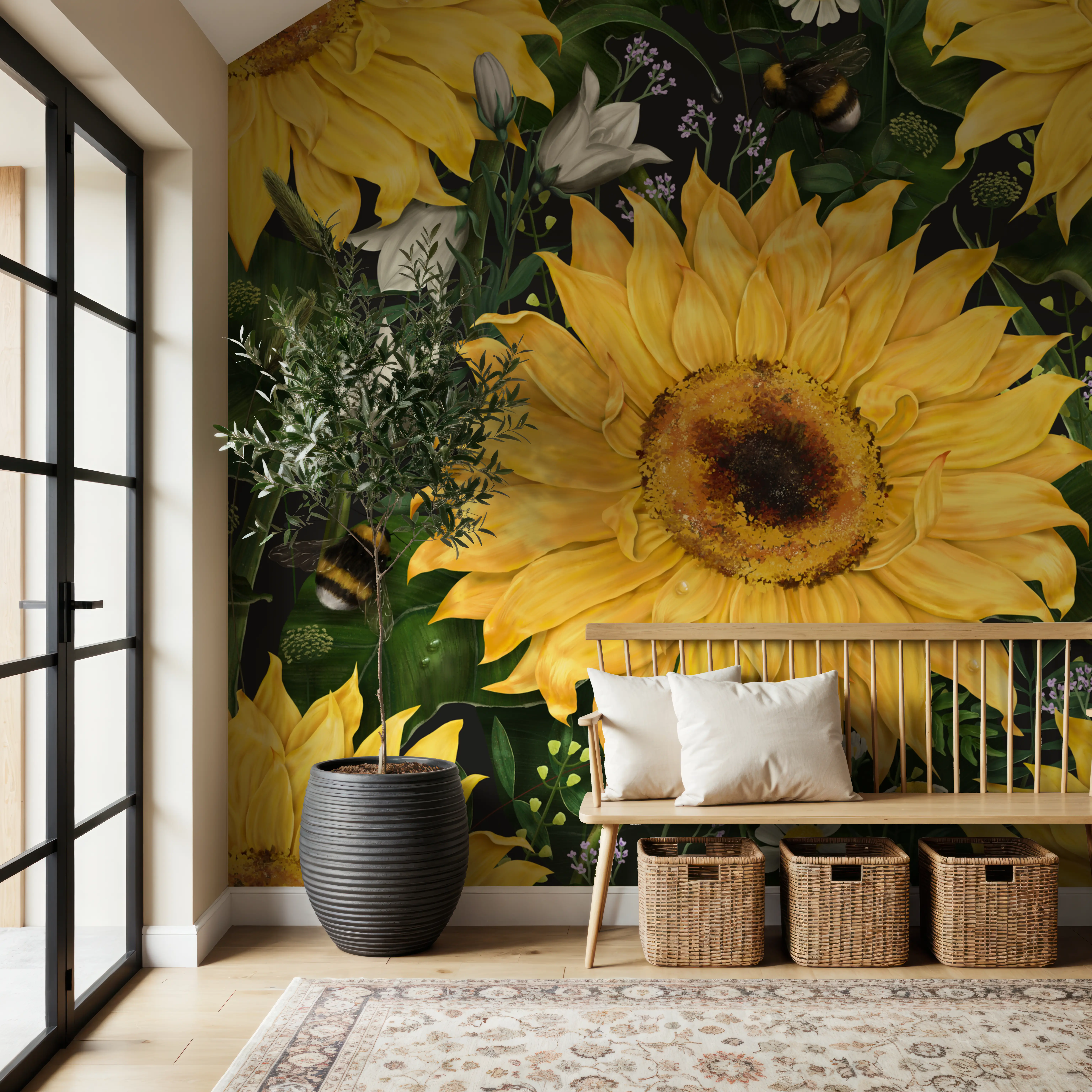 Wall Mural - Big Sunflowers - Floral Animals mural wallpaper - Yellow - Hallway staircases - Wallism UK - Peel & Stick or Paste-the-Wall
