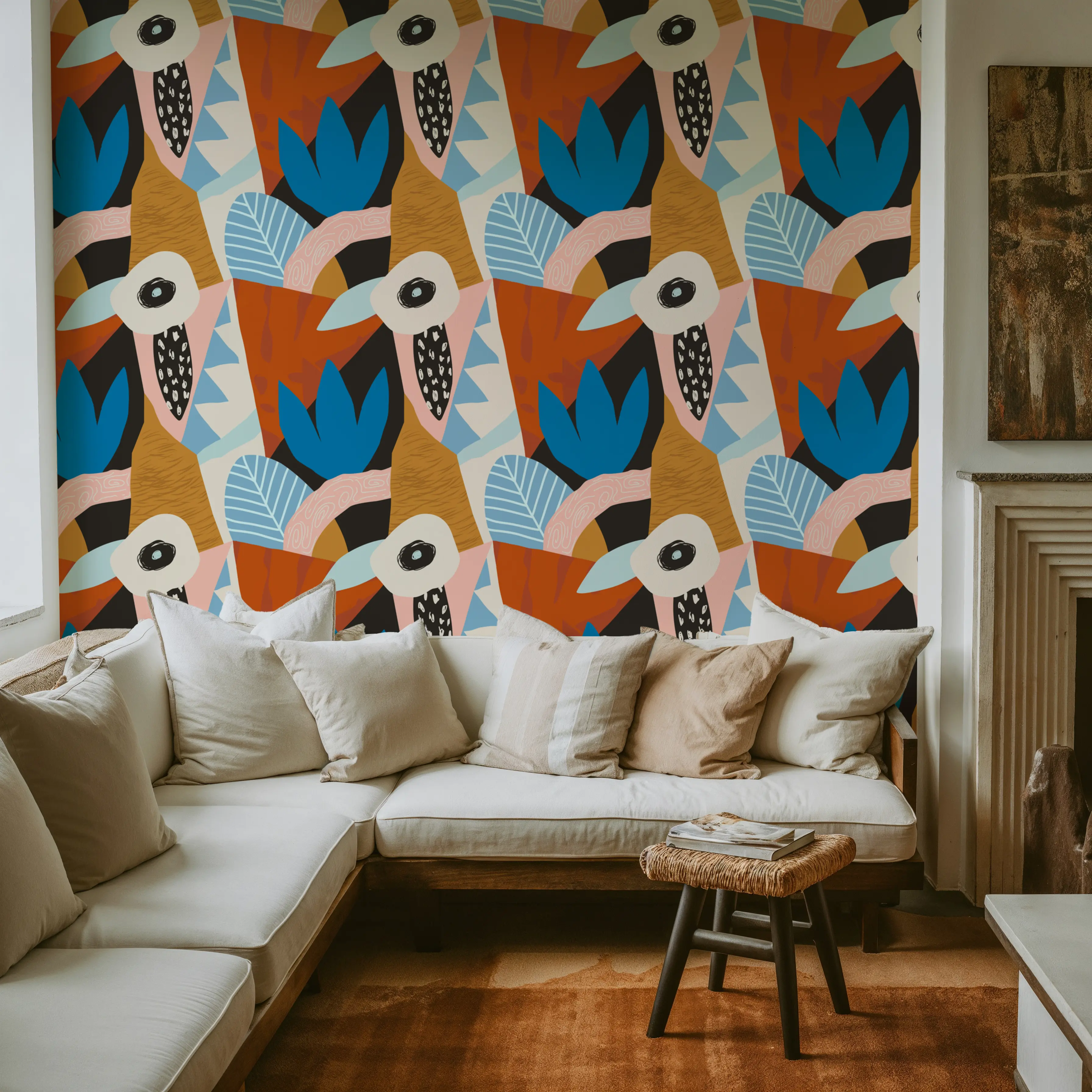 Behang - Paradise Bird - Abstract Kunst Grafische Kunst - Blauw - Eetkamer - Wallism België - Zelfklevend of Vliesbehang