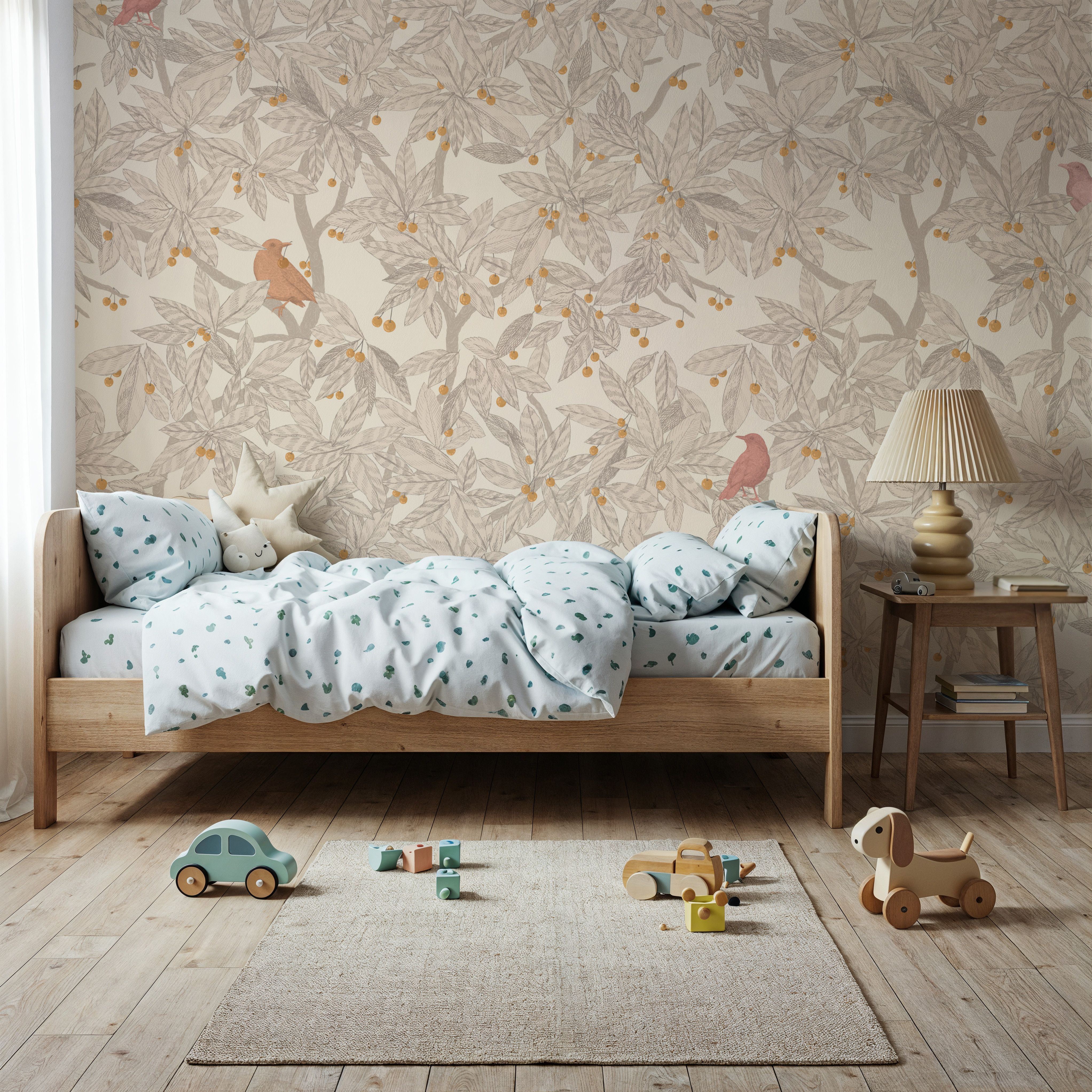 Cherry Tree Birds, Beige, Wallpaper