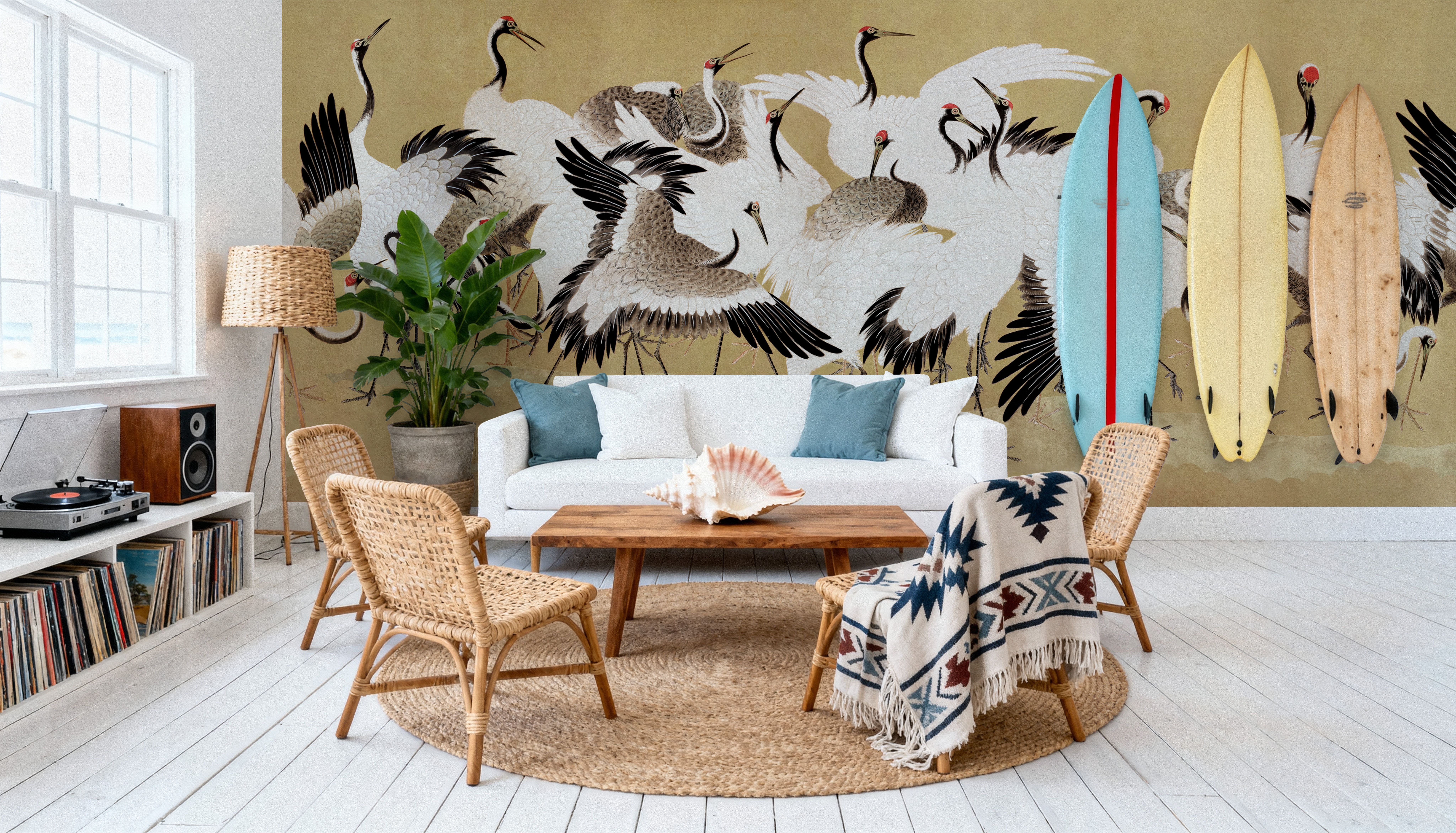 Japanese Flock of Cranes, Butter, Wallpaper