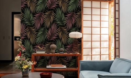 Bright Palms Pattern, Plum & Brown