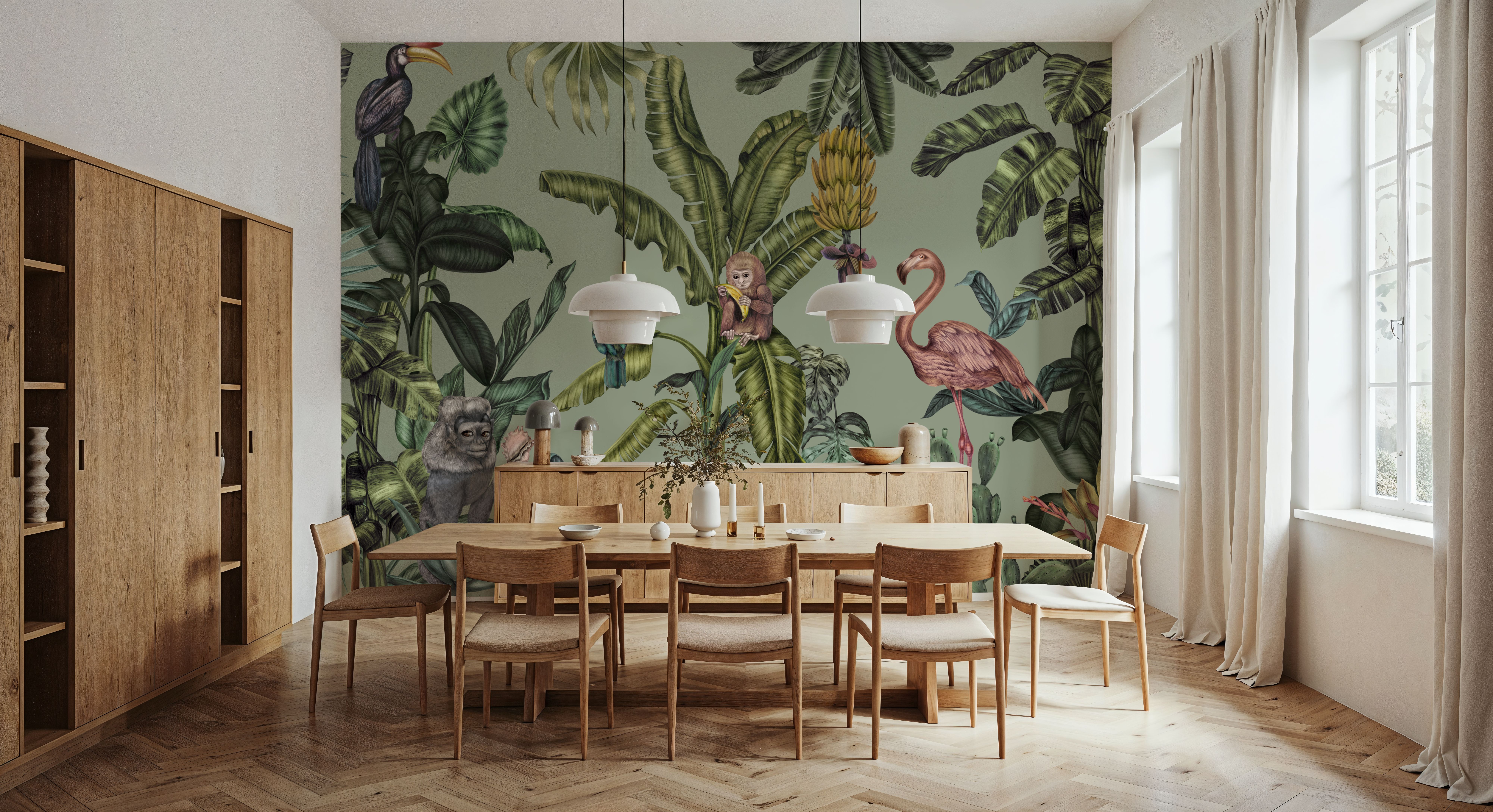 Monkeys With Birds, Pistachio, Behang