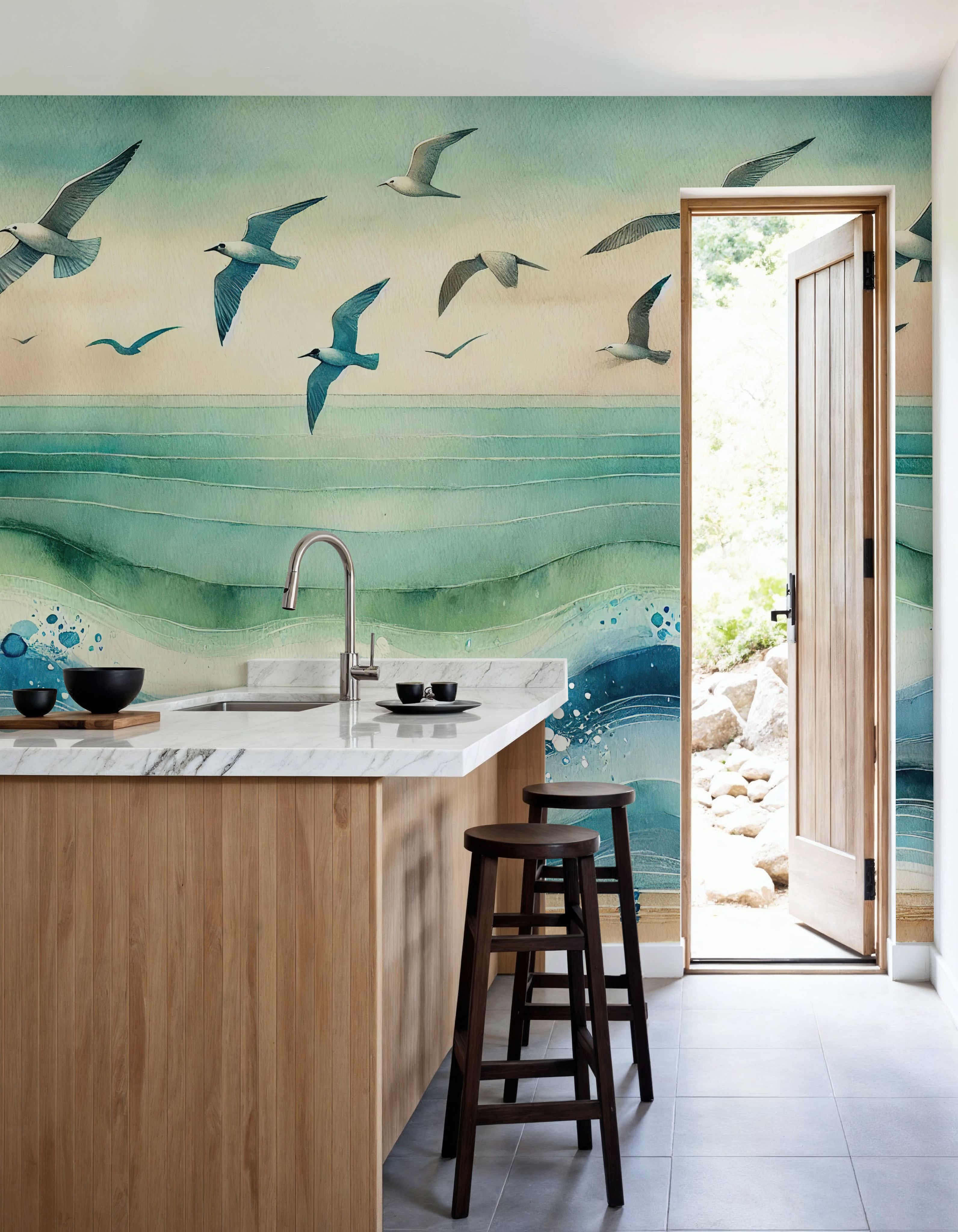 Seagulls Soar Above Waves in Art Deco