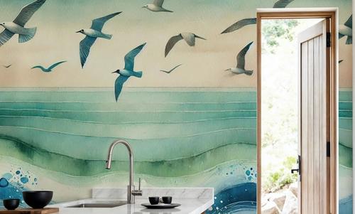 Seagulls Soar Above Waves in Art Deco