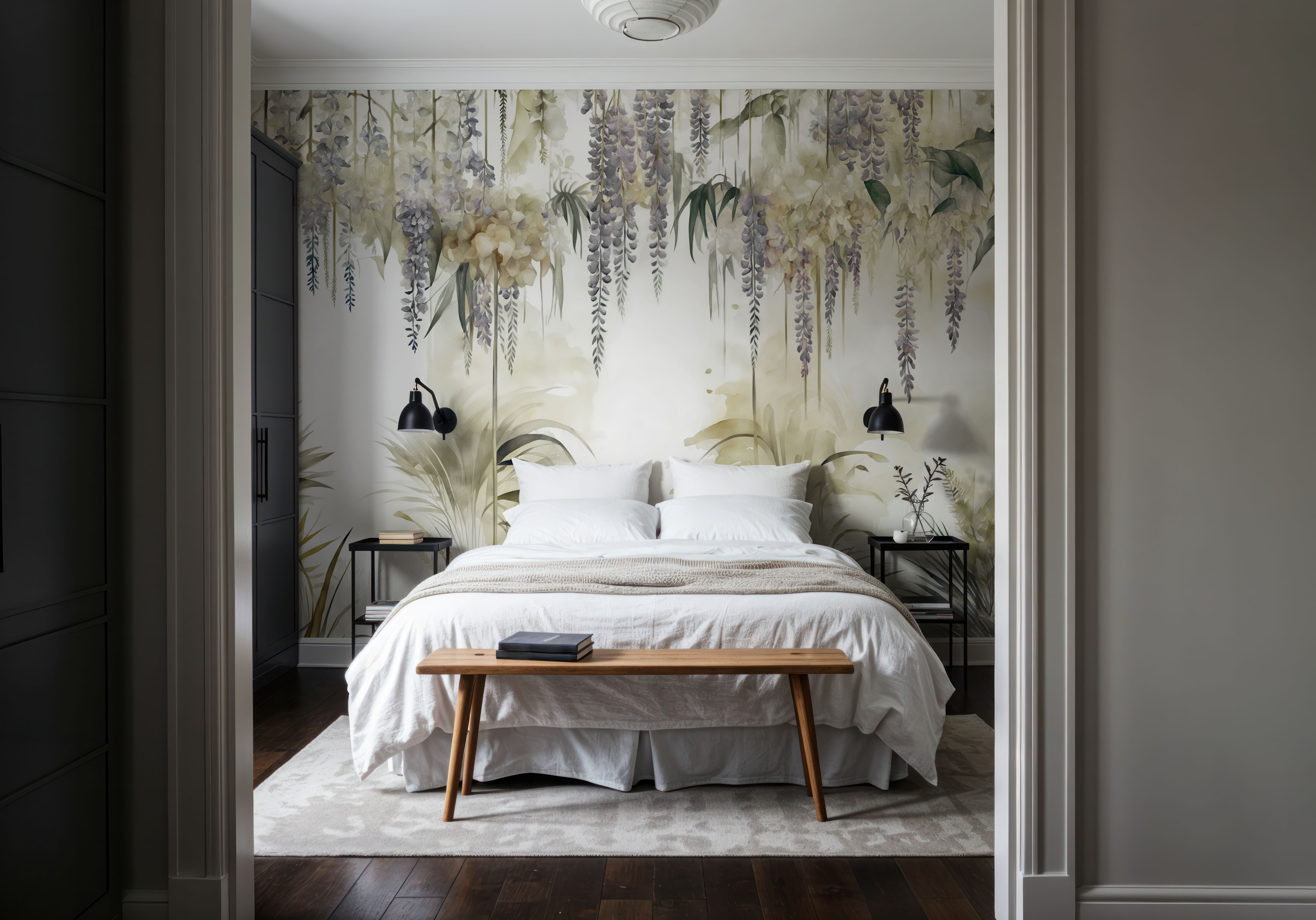 Wall Mural - Wisteria Garden Bright - Floral Japandi mural wallpaper - Green - Dining Room - Wallism US - Premium, Textured or Peel & Stick