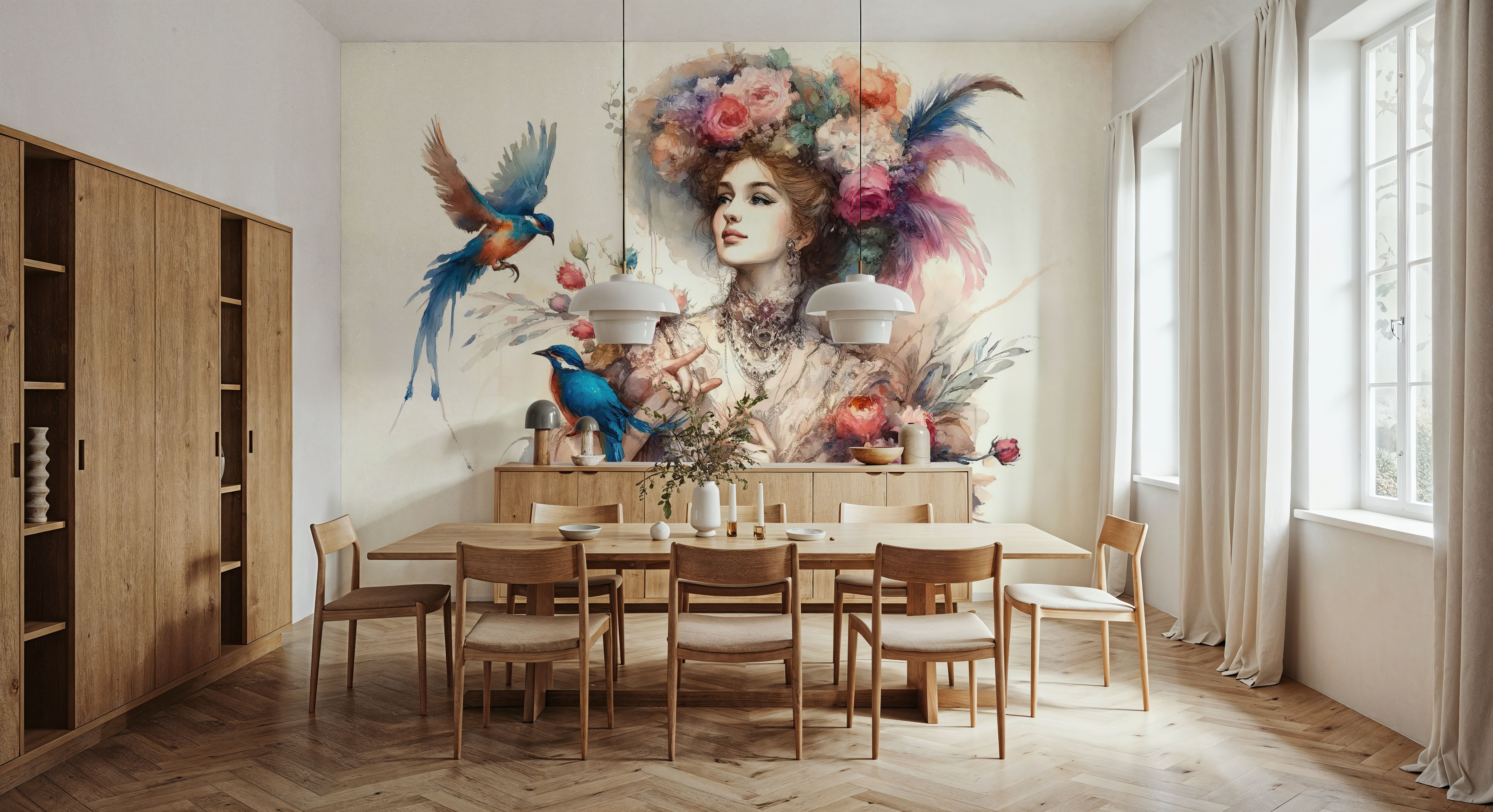 Enchanting Lady Amidst Blooms and Birds