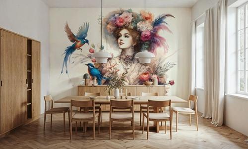 Enchanting Lady Amidst Blooms and Birds
