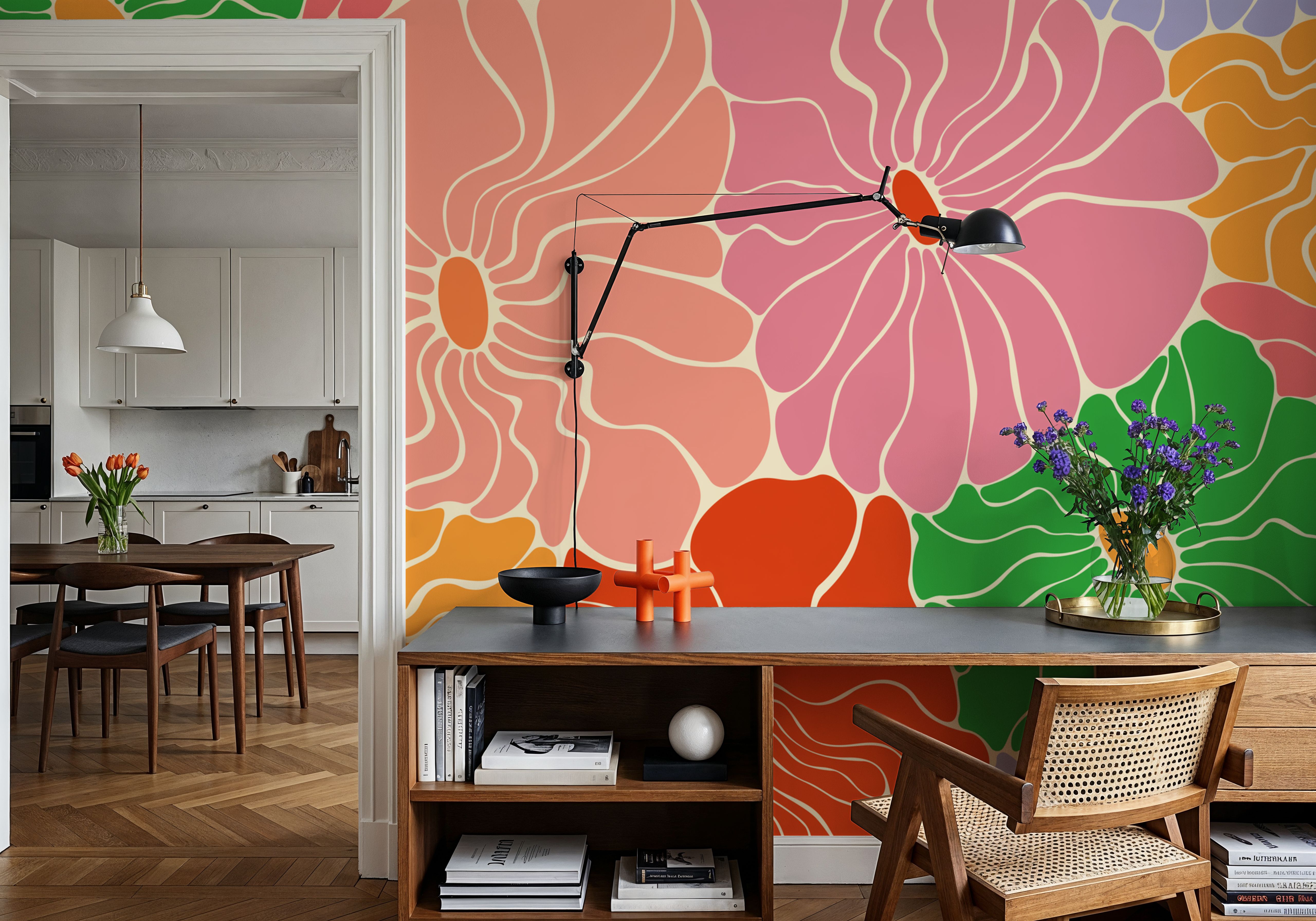 Cool Fluid Flowers Mural, Bright Multi