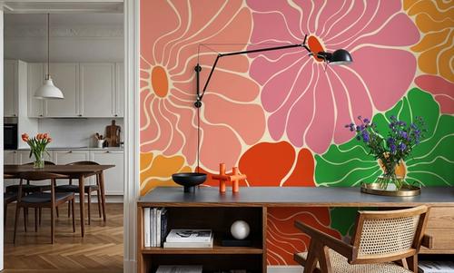 Cool Fluid Flowers Mural, Bright Multi