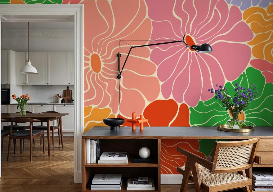 Cool Fluid Flowers Mural, Bright Multi