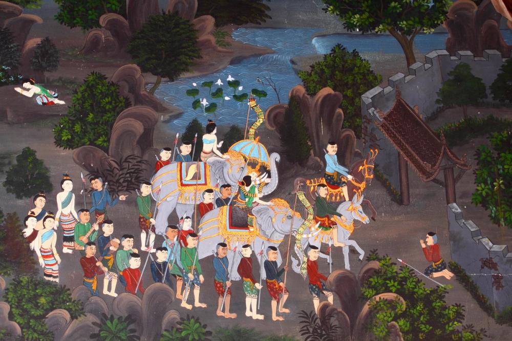 Elephant Procession to The Temple, Thai Painting