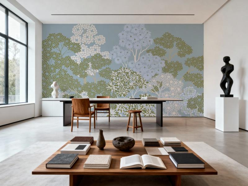Overleaf Woodland, French Blue wallpaper mural 100% PVC-free and non-toxic