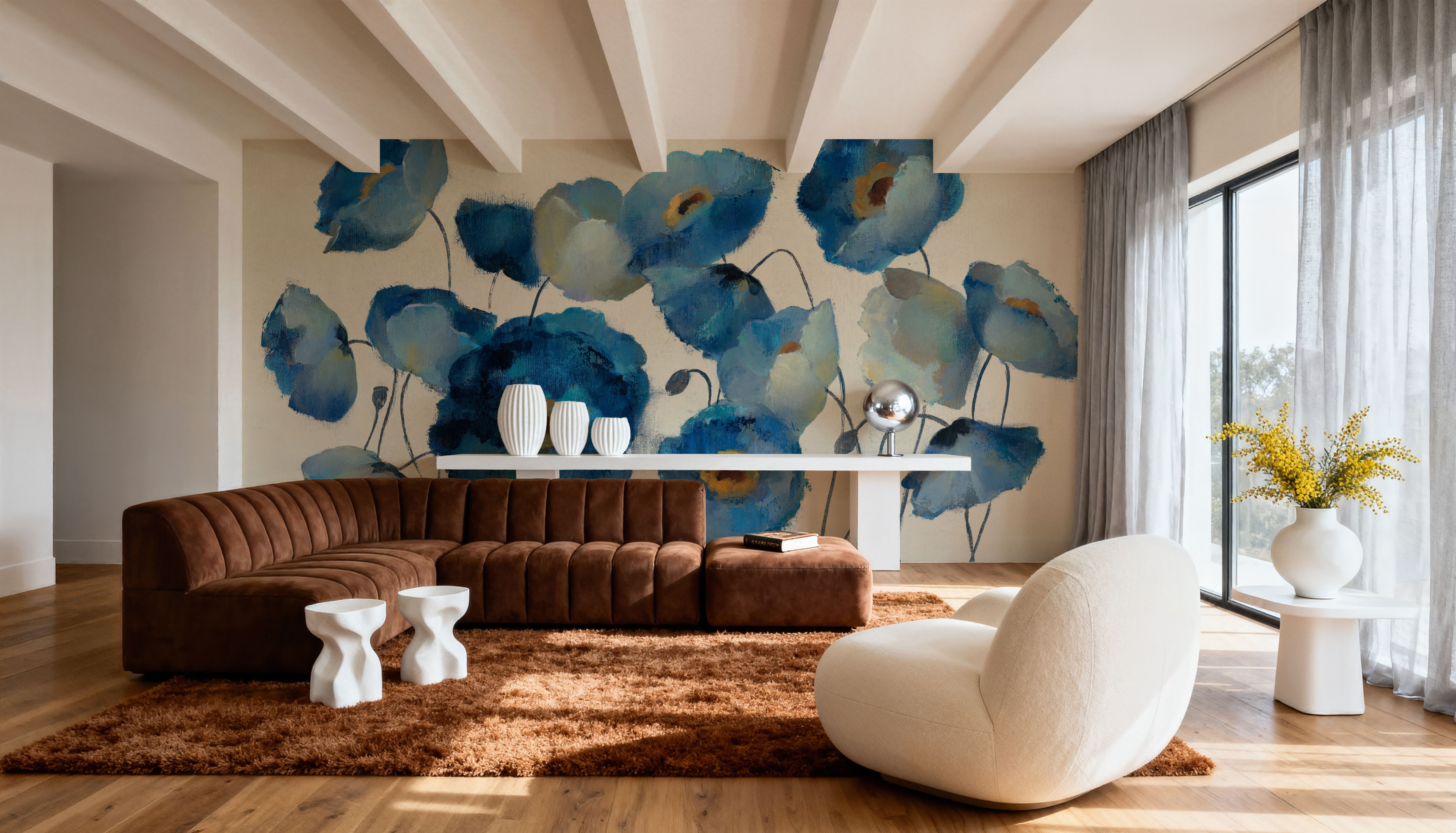 Aquamarine Floral on Cream, Wallpaper