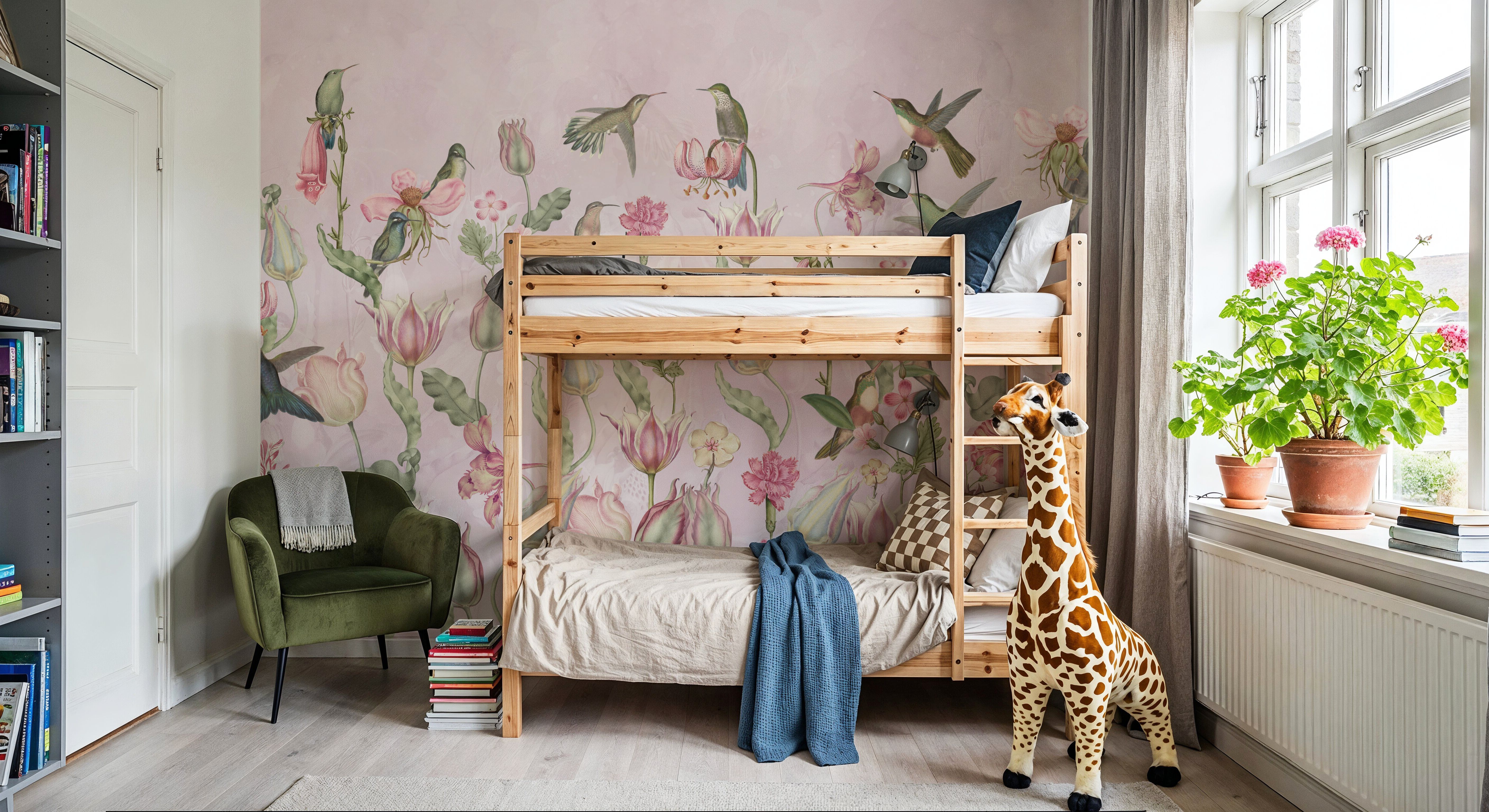 Tulips & Birds, Soft Pink, Wallpaper