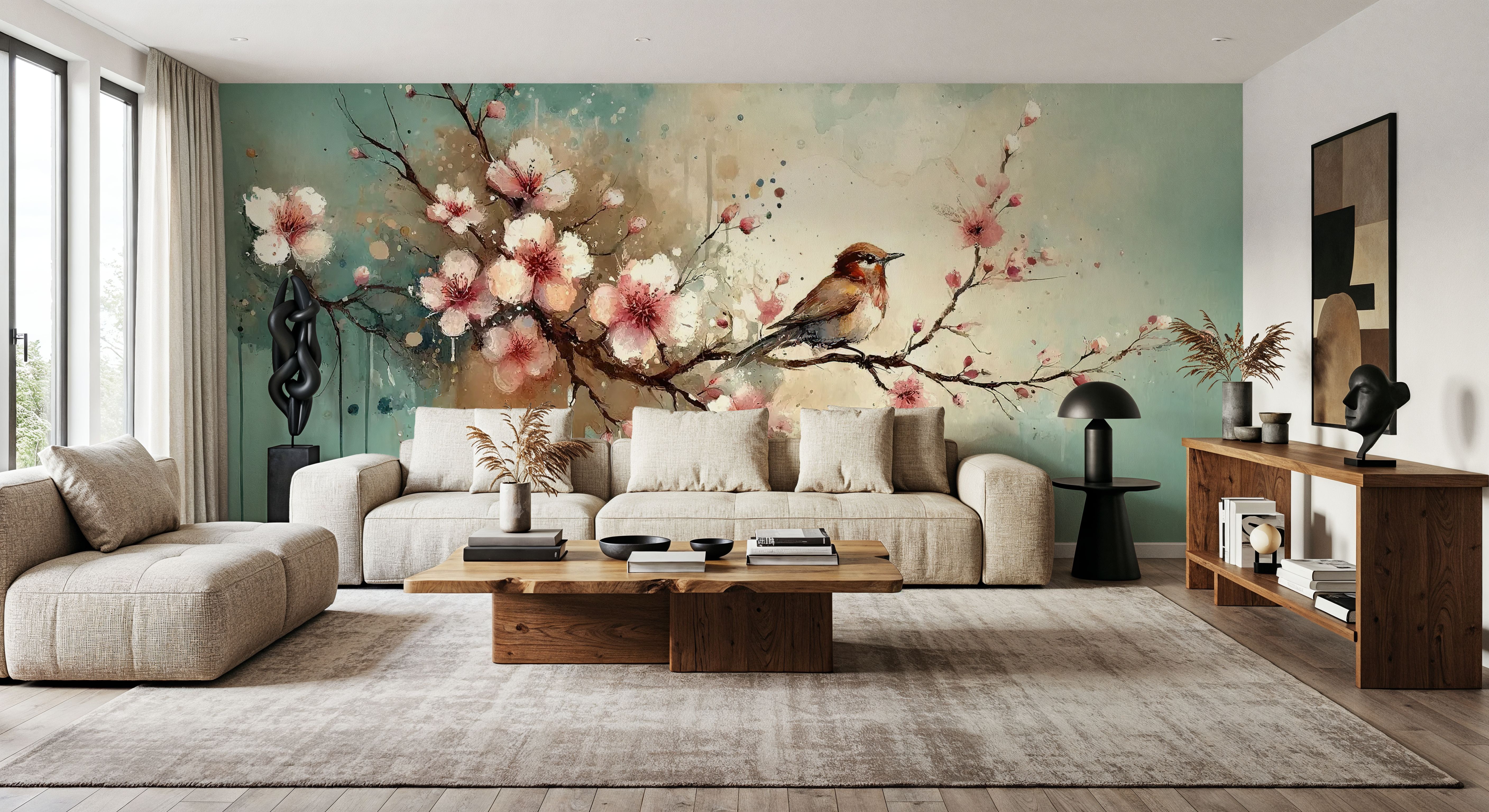 Cherry Blossoms Whispers on Teal Breeze