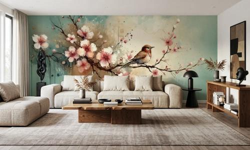 Cherry Blossoms Whispers on Teal Breeze